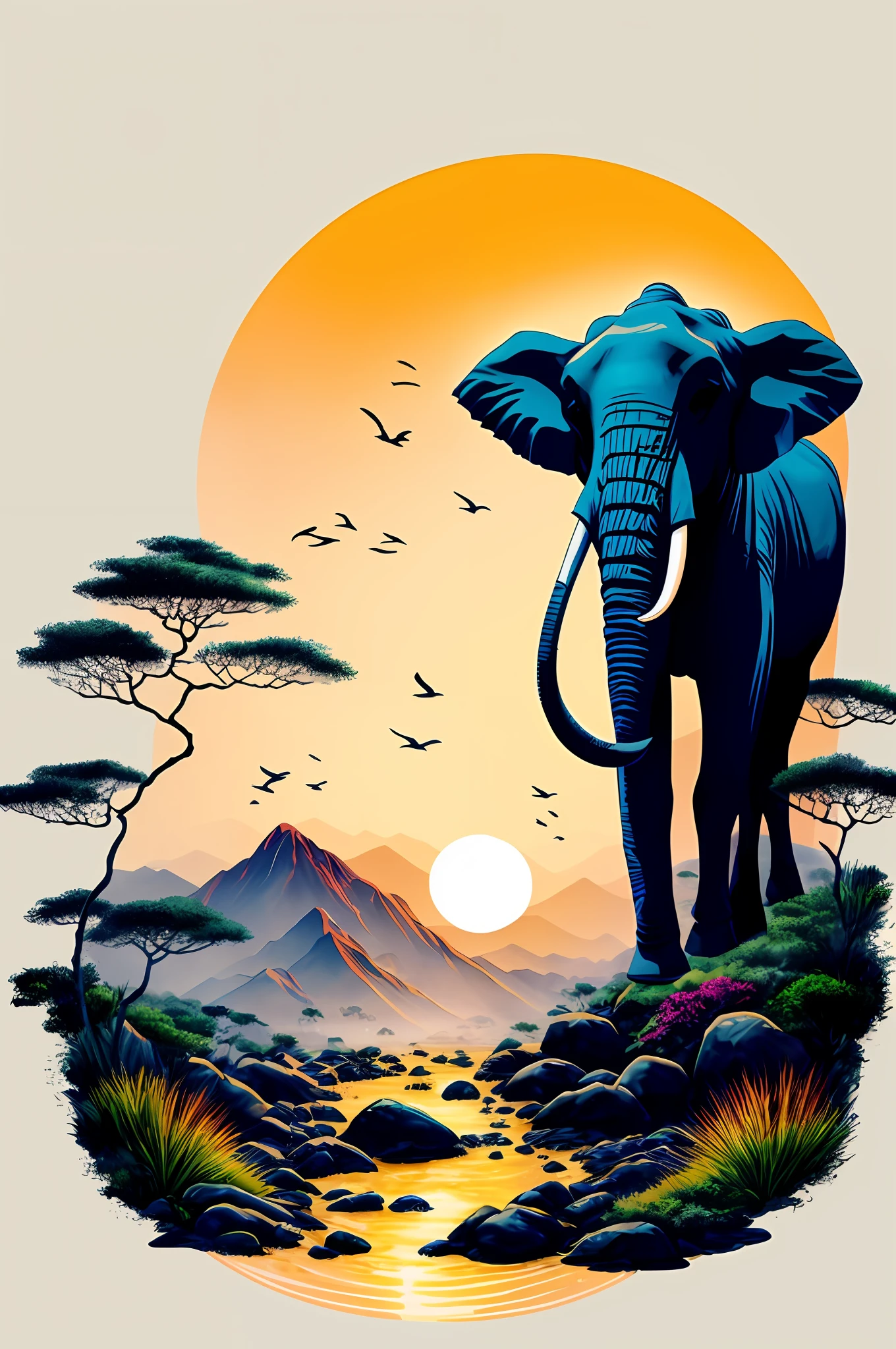 graphic design t-shirt, DESIGN PLANO , elefante, Rua Miami, Tons coloridos, limpeza altamente detalhada, imagem vetorial, obra-prima fotorrealista, fotografia profissional, elefante realista, fundo simples do nascer do sol para o elefante, fundo preto plano, isometric, vetor brilhante((fundo preto))