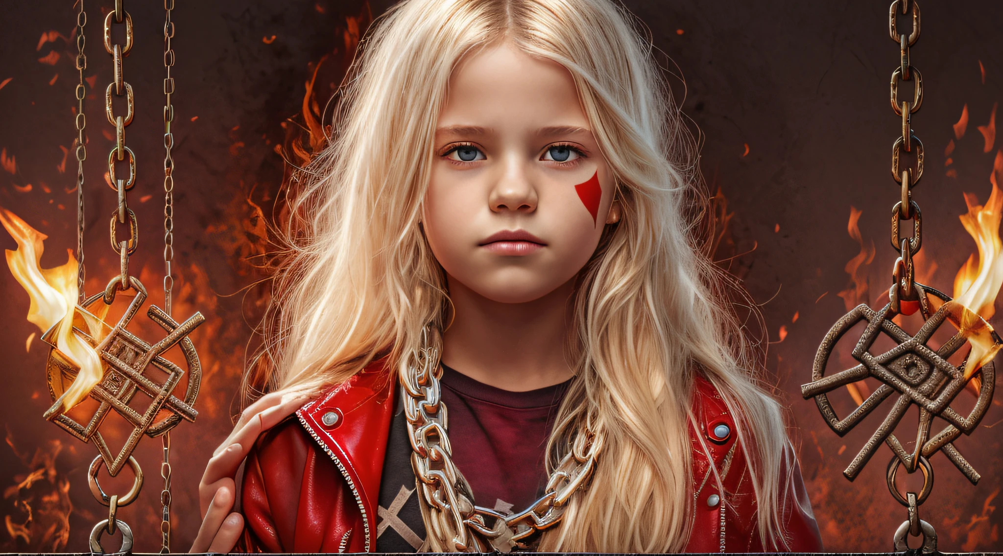 A half body, portrait of 3 girls German children long platinum blonde hair of 12 years, red leather jackets, holding in their hands a cross, background of chains, chain, more chains, many chains, , red, red fire, many background flames.