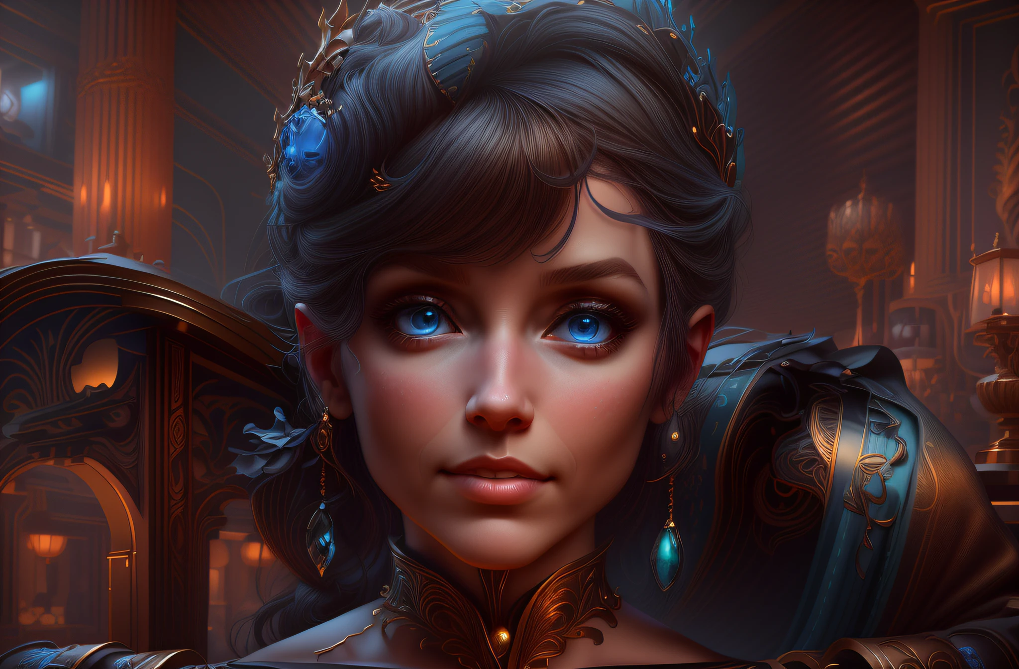 There's a woman with a mischievous smile and blue eyes in a dress and a crown on her head, Artgerm ; motor 3d irreal, CGSetivity Retrato, 8k portrait render, retrato de arte conceito de fantasia, Alexandra Fomina Artstation, Artgerm Julie Bell Beeple, CGSetividade 8K, CGSetalidade 8K, CGSetividade 8K, WLOP intrincado, retrato de fantasia fosco detalhado