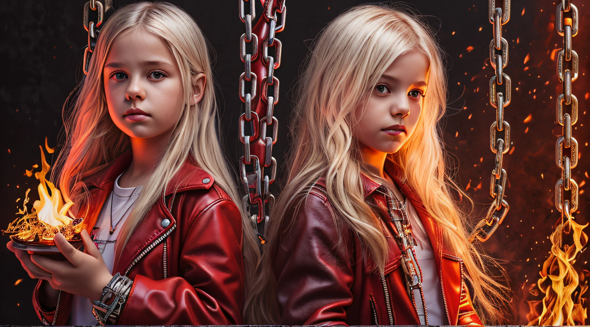 A half body, portrait of 3 girls German children long platinum blonde hair of , red leather jackets, holding in their hands a cross, background of chains, chain, more chains, many chains, , red, red fire, many background flames.