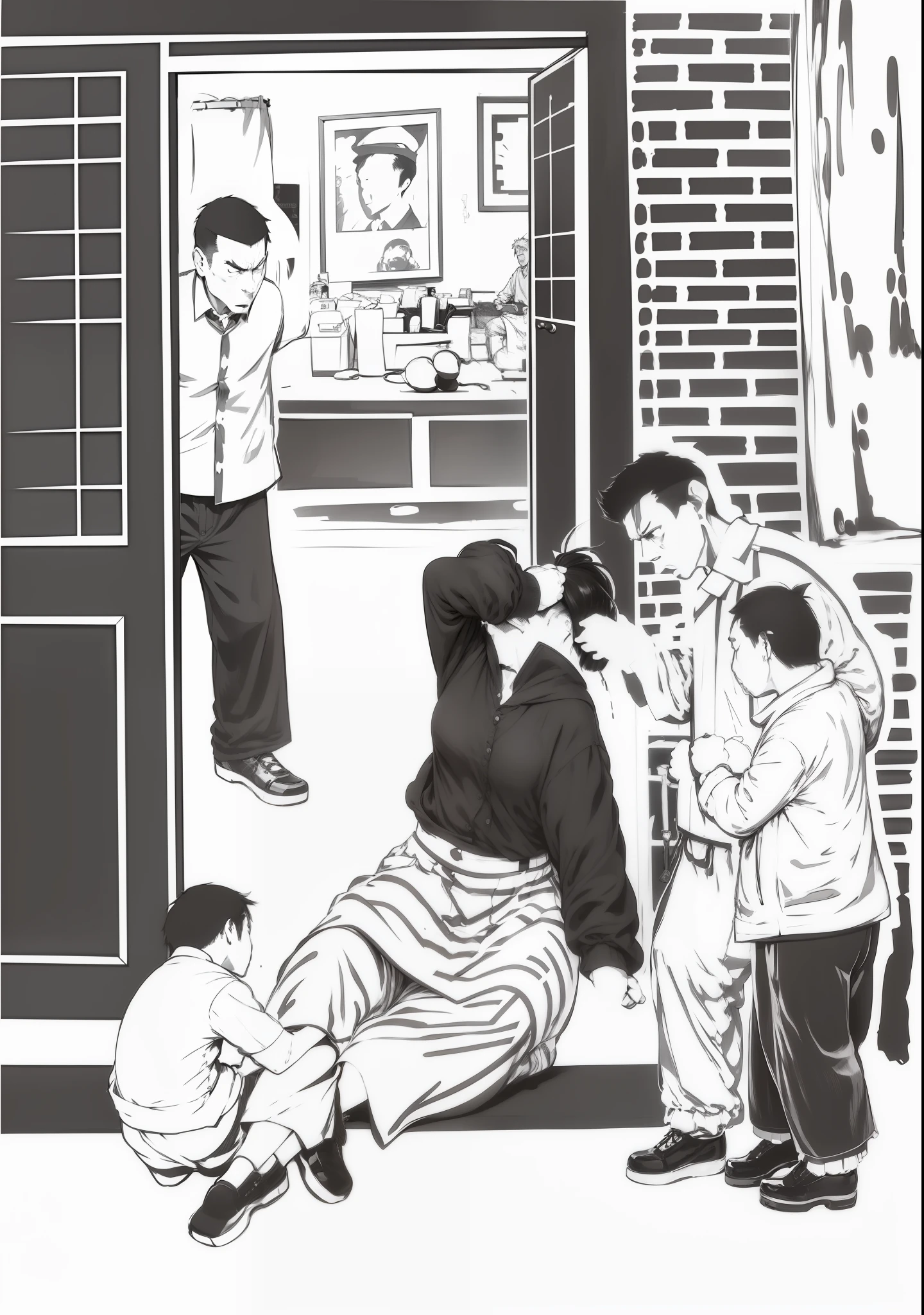 An angry-looking man was blaming the woman sitting by the door。