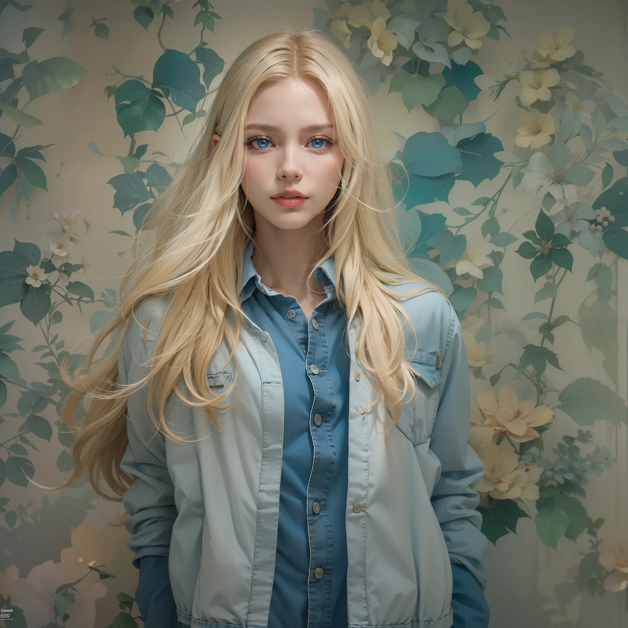 "(((obra-prima))), melhor qualidade, ultra-detallhado, High resolution CG image with a beautiful blonde woman with bright blue eyes, retratados em detalhes fascinantes. His delicate body is accurately represented at every angle. Ela possui longos cabelos loiros que caem suavemente sobre sua jaqueta jeans. The upper part of his body is sculpted to perfection. "