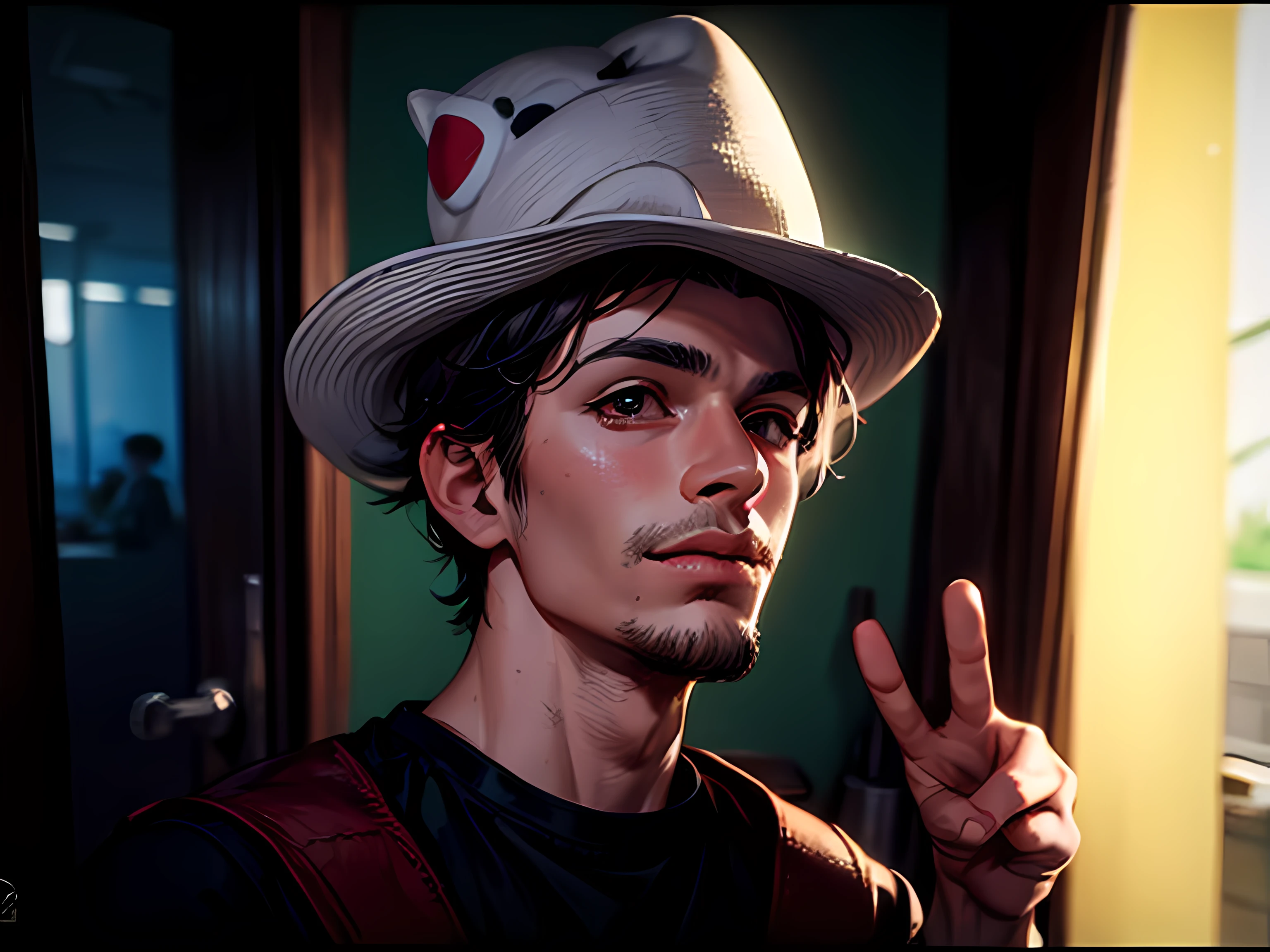 arafed man in a hat making a peace sign with his hand, with a weird hat, he is wearing a hat, very very low quality picture, alejandro, with hat, twitch streamer / gamer ludwig, it's wearing a cute little hat, halfbody headshot, headshot profile picture, 2 3 years old, mateus 9 5, low quality photograph