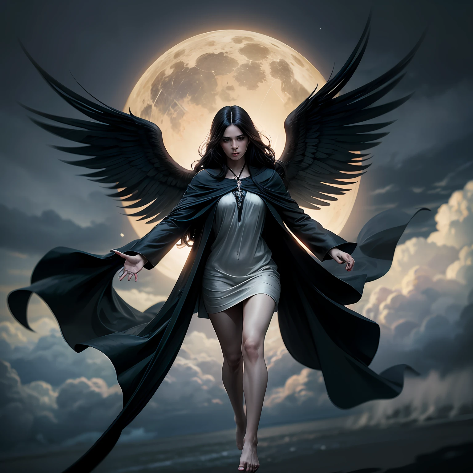 Black angel being thrown from heaven, tendo duas asas nas costas, barefoot, Dark sky with clouds, with several angels around, caindo de costas como se arremessado para baixo, --auto