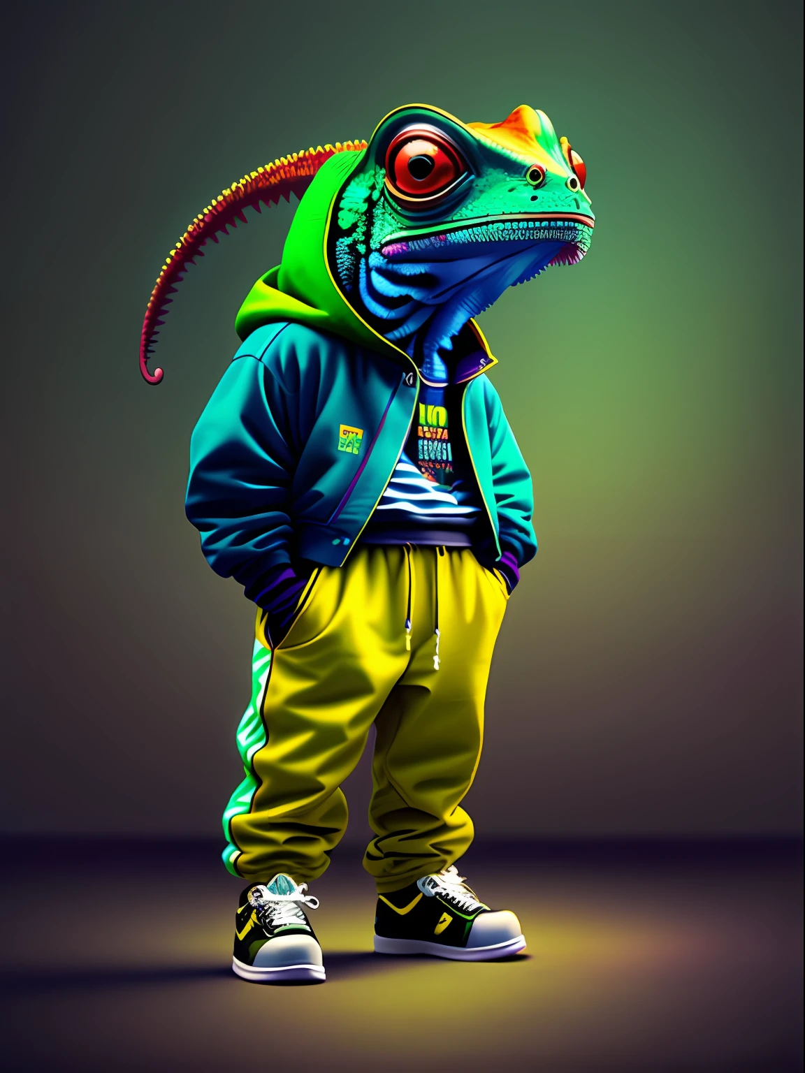 Image of a chameleon standing, wearing hip-hop style clothes, speakers, 90s style