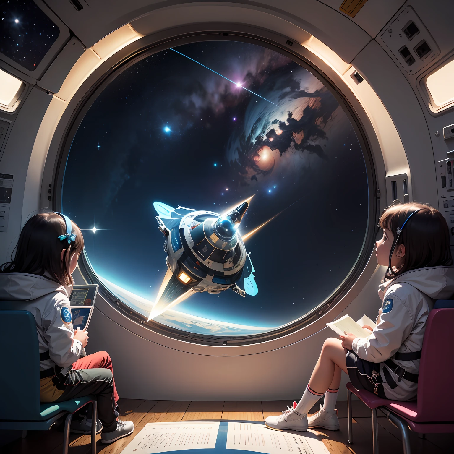 Scene in Outer Space:
Draw the Starship floating in outer space, cercada por estrelas brilhantes. Children, usando trajes espaciais coloridos e capacetes, are animated in the nave window, observando os planetas coloridos e nebulosas ao redor. --auto