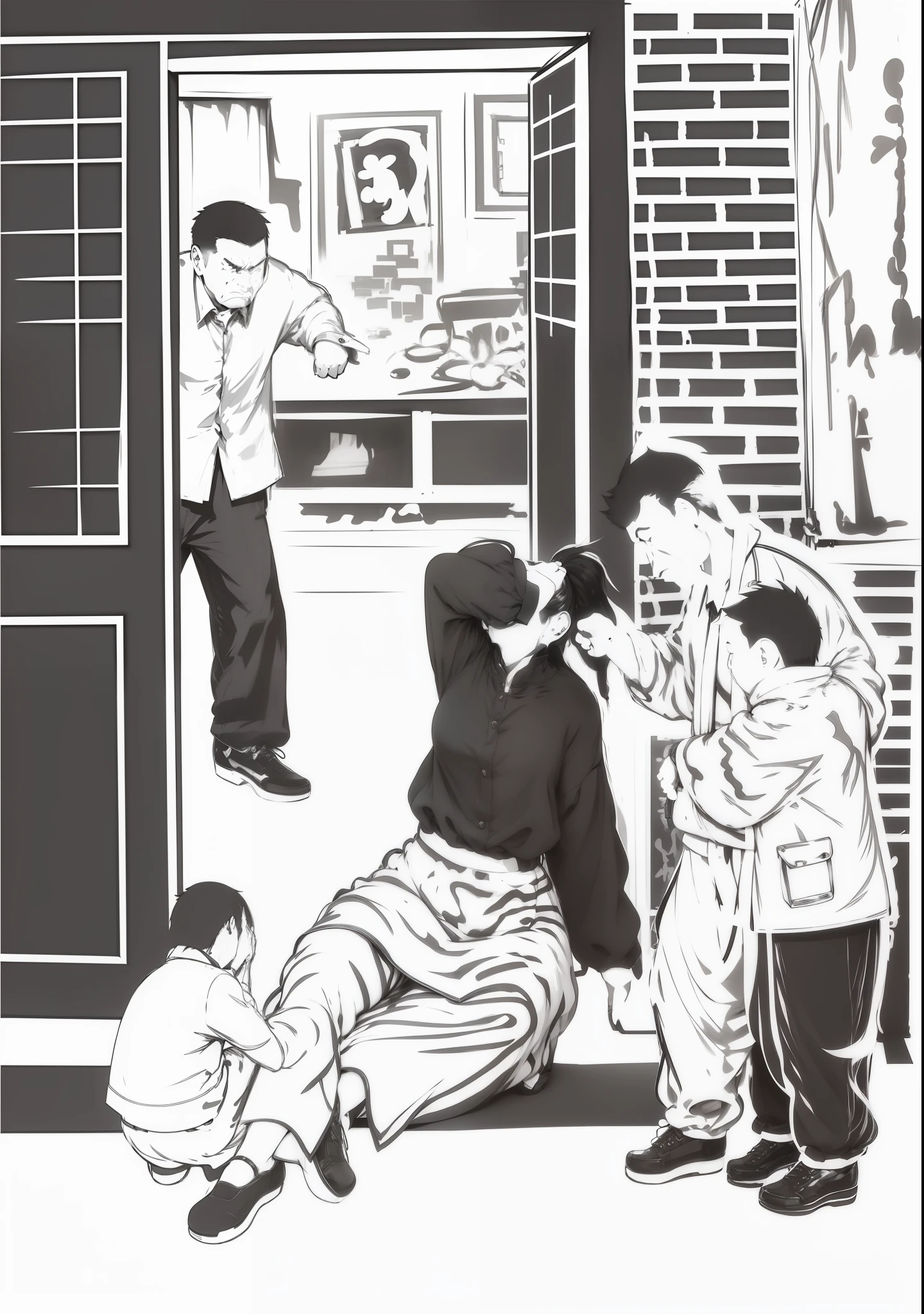 An angry-looking man was blaming the woman sitting by the door。