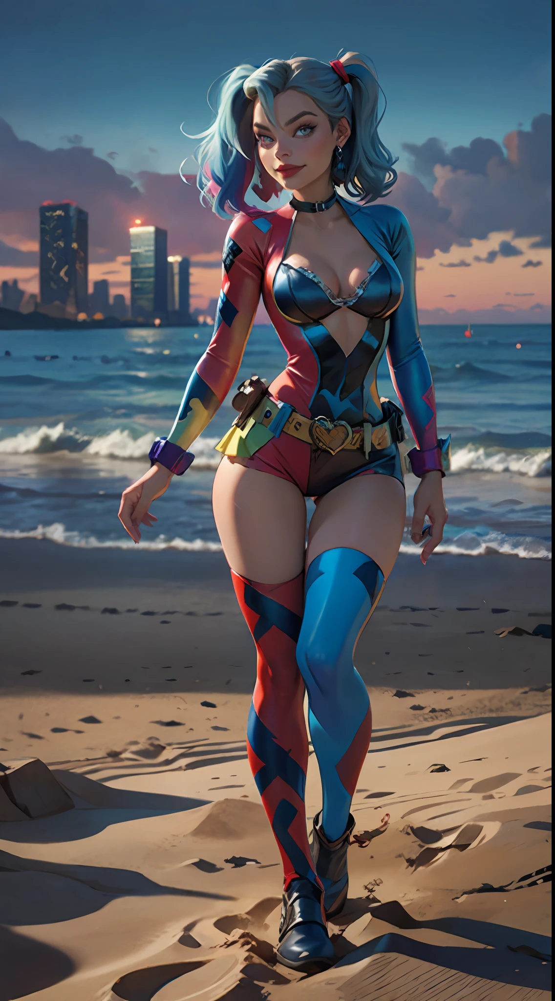 margot robbie as a gorgeous Harley Quinn standing on sand wind in the hair
