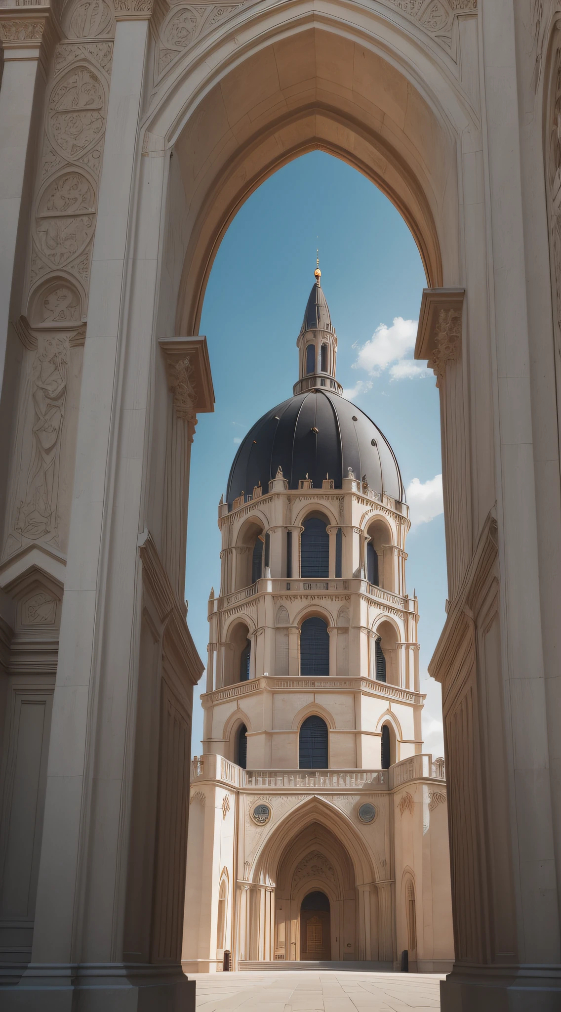 Cinematic, photo, a medium shot of a beautiful romanesque gothic tower in a medieval city designed by John Howe, grey granite, slender, dome, filigree, open sky, elegant elaborate complex architecture, medieval architecture, medieval design, photographed with Canon EOS 5D Mark IV, monument, sense of wonder, extremely detailed, realistic textures, artistic