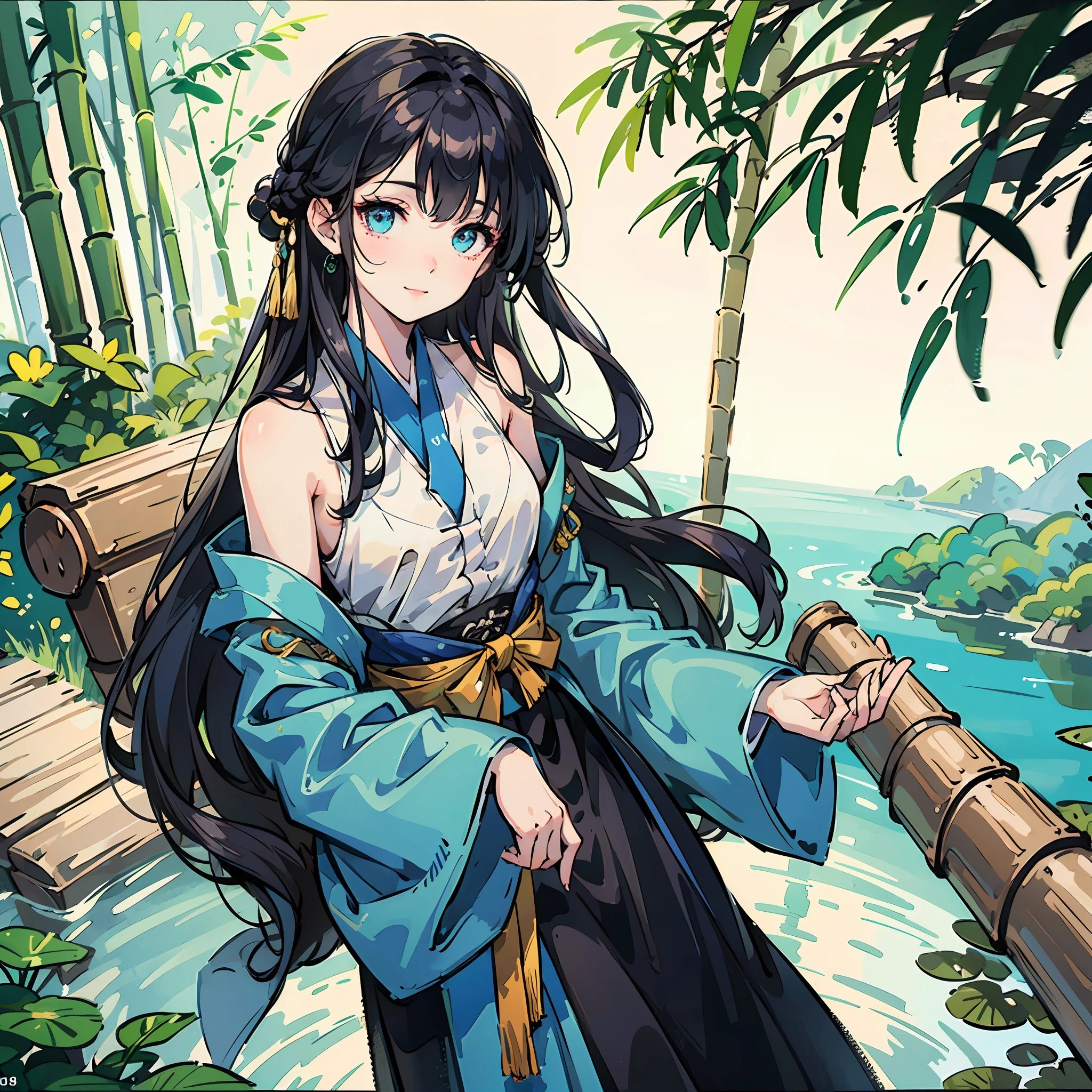 masterpiece, best quality, official art, 8k wallpaper, highly detailed, illustration, 1 girl, Azure hair, long hair, detailed eyes, forrest, bare shoulders, hanfu,lakes, pure, soft smile,bamboo,Tea --auto