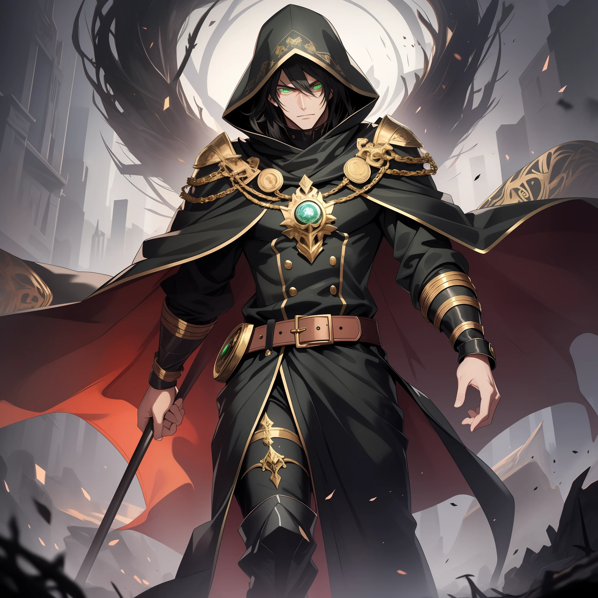 A 20-year-old man with a crazy, mad, aggressive facial expression and intense green eyes, possessing dark, messy black hair, stands tall in the eerie ambience of the medieval underworld. He wears a tunic made of dark cloth, adorned with gold edges and arcane sigils, complemented by wide sleeves. An ornate belt cinches his waist, and a shimmering cloak drapes majestically from his shoulders. His feet are clad in sturdy leather boots, and a dark hood conceals part of his face, adding an air of mystery. The man gazes directly at the viewer, exuding an aura of authority and power, as he oversees the construction of his kingdom in the depths of the underworld.