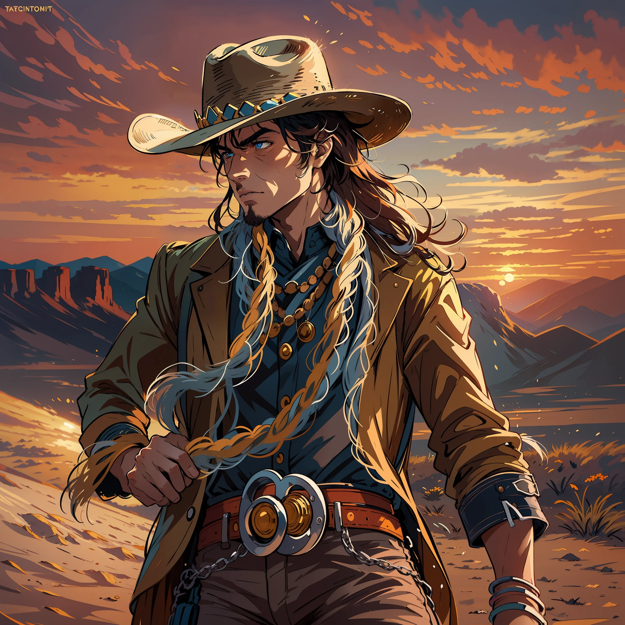 Create an image of a cowboy with a hat in the desert to be used as a profile picture, with a detailed description."
The character is an American Western cowboy. He's wearing a classic cowboy hat, com uma faixa de couro e um grande aba para proteger seu rosto do sol do deserto. He's standing in the middle of the desert, with a vibrant sunset in the background. The image is created to be used as a profile picture, with vibrant colors and strong strokes.
The cowboy hat is dark brown, com uma faixa de couro e uma aba larga para proteger seu rosto do sol. Ele usa um colete de couro marrom sem mangas sobre uma camisa branca de gola alta. The pants are dark blue jeans and he wears dark brown cowboy boots. Ele tem um cinto de couro marrom com uma fivela de prata em forma de estrela.
The cowboy's expression is serious and determined, com um olhar fixo em frente. Ele tem um rosto anguloso e uma barba escura estilizada. He's holding a firearm in his right hand, pronta para atirar em qualquer inimigo que se aproxime.
The cowboy's pose suggests that he is a lone hero, pronto para enfrentar qualquer desafio que se apresente no deserto do oeste americano. The image style is created to be used as a profile picture, with strong and expressive traits to emphasize the beauty of the character.
O meio utilizado seria a arte digital em estilo de arte ocidental, with shading techniques and vibrant colors to create the detailed and realistic look of a cowboy in the desert.