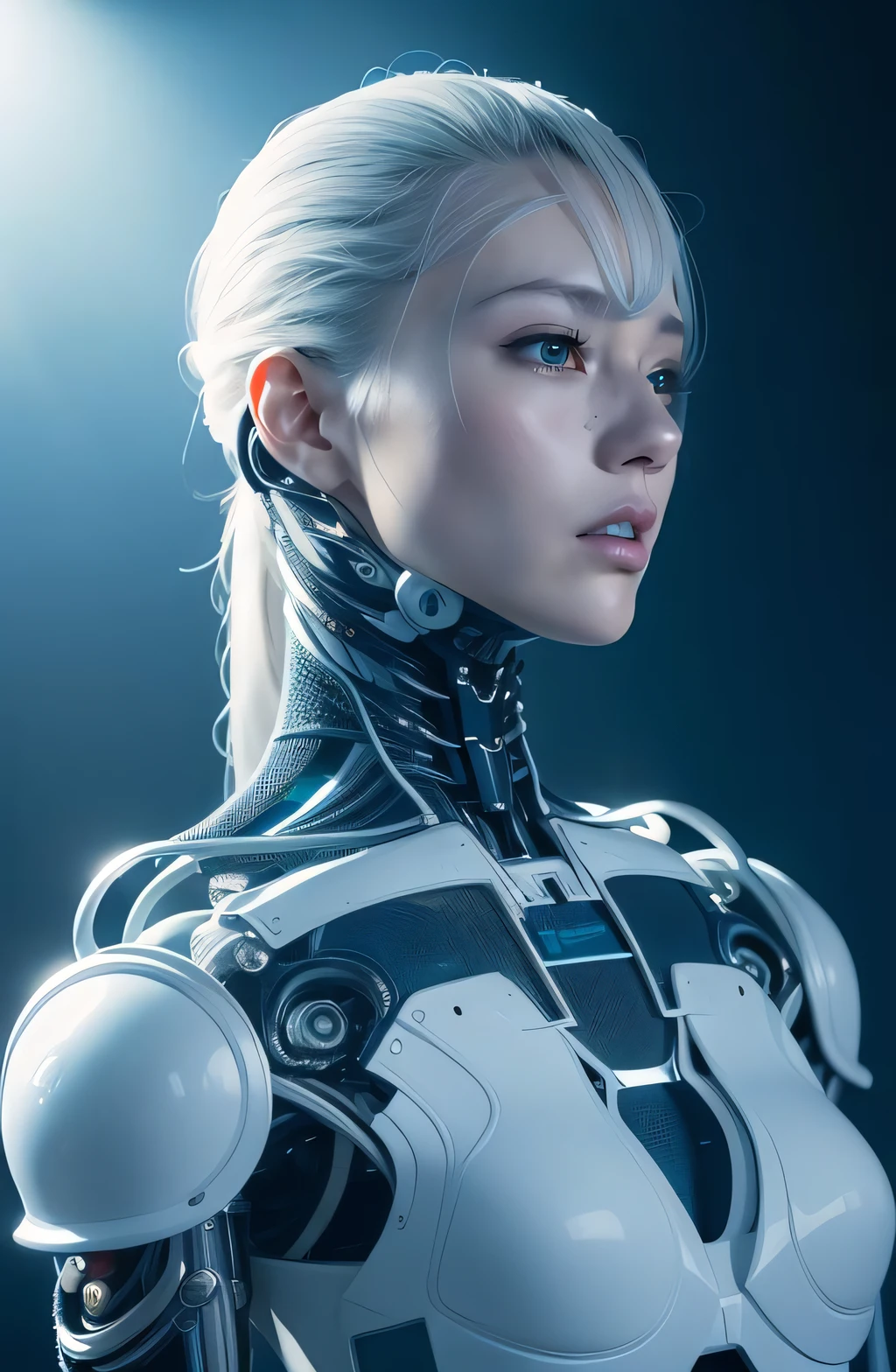 complex 3d render ultra detailed of a beautiful porcelain profile woman android face, cyborg, robotic parts, 150 mm, beautiful studio soft light, rim light, vibrant details, luxurious cyberpunk, lace, hyperrealistic, anatomical, facial muscles, cable electric wires, microchip, elegant, beautiful background, octane render, H. R. Giger style, 8k, best quality, masterpiece, illustration, an extremely delicate and beautiful, extremely detailed ,CG ,unity ,wallpaper, (realistic, photo-realistic:1.37),Amazing, finely detail, masterpiece,best quality,official art, extremely detailed CG unity 8k wallpaper, absurdres, incredibly absurdres, robot, silver halmet, full body, sitting