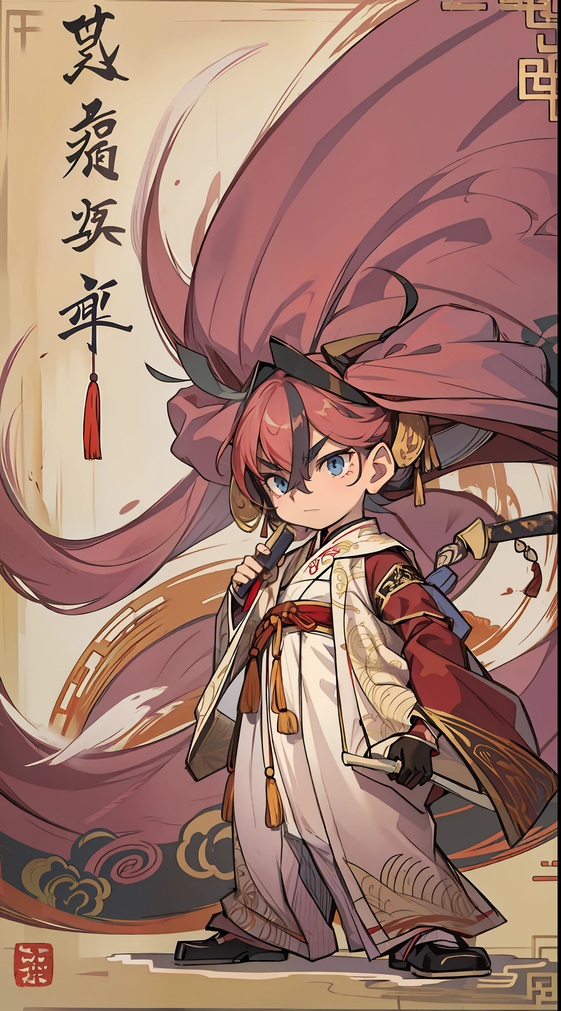 A boy in a traditional Chinese costume,Hold a large knife in your hand,Fierce face,Excellent temperament