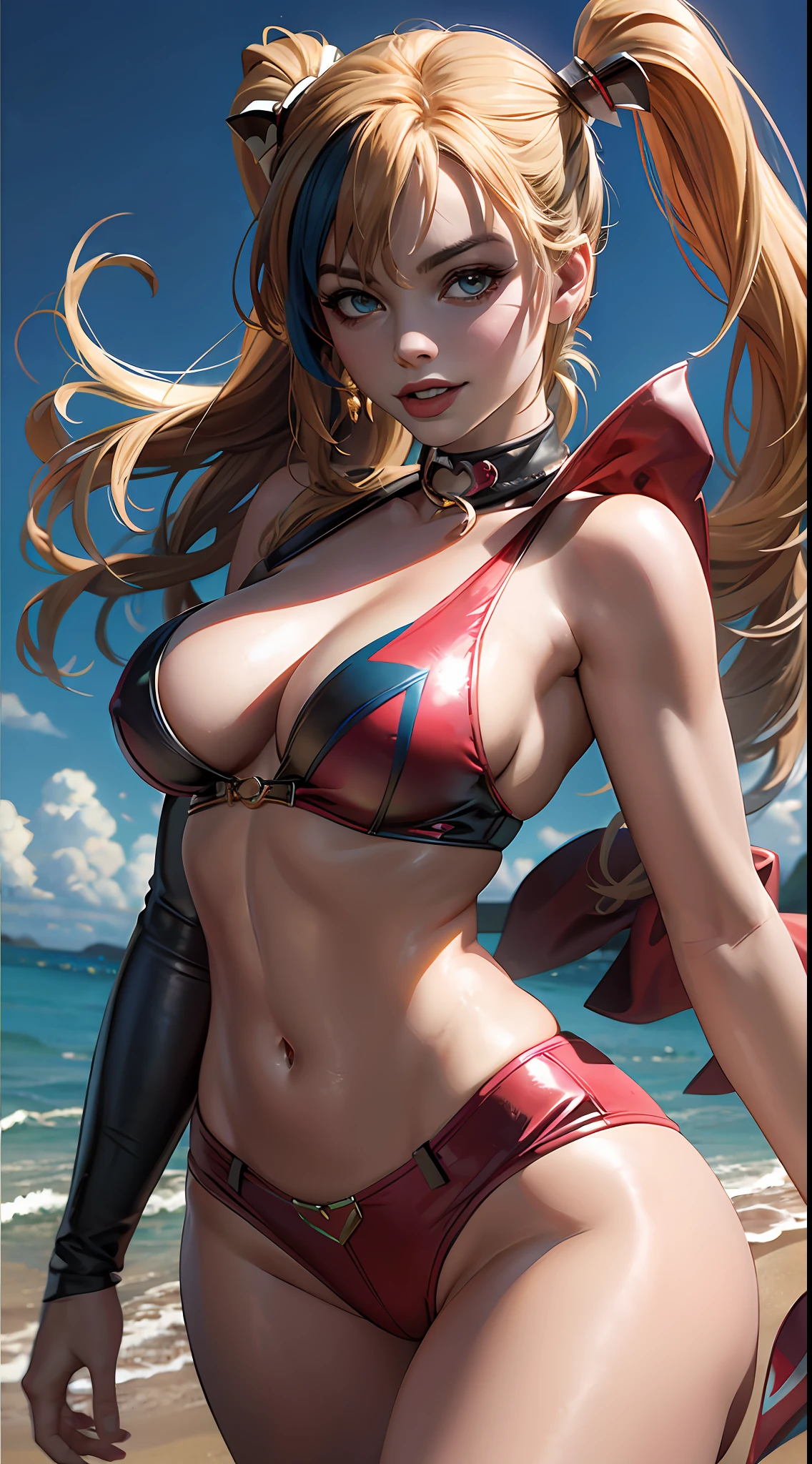margot robbie as a gorgeous Harley Quinn standing on sand wind in the hair