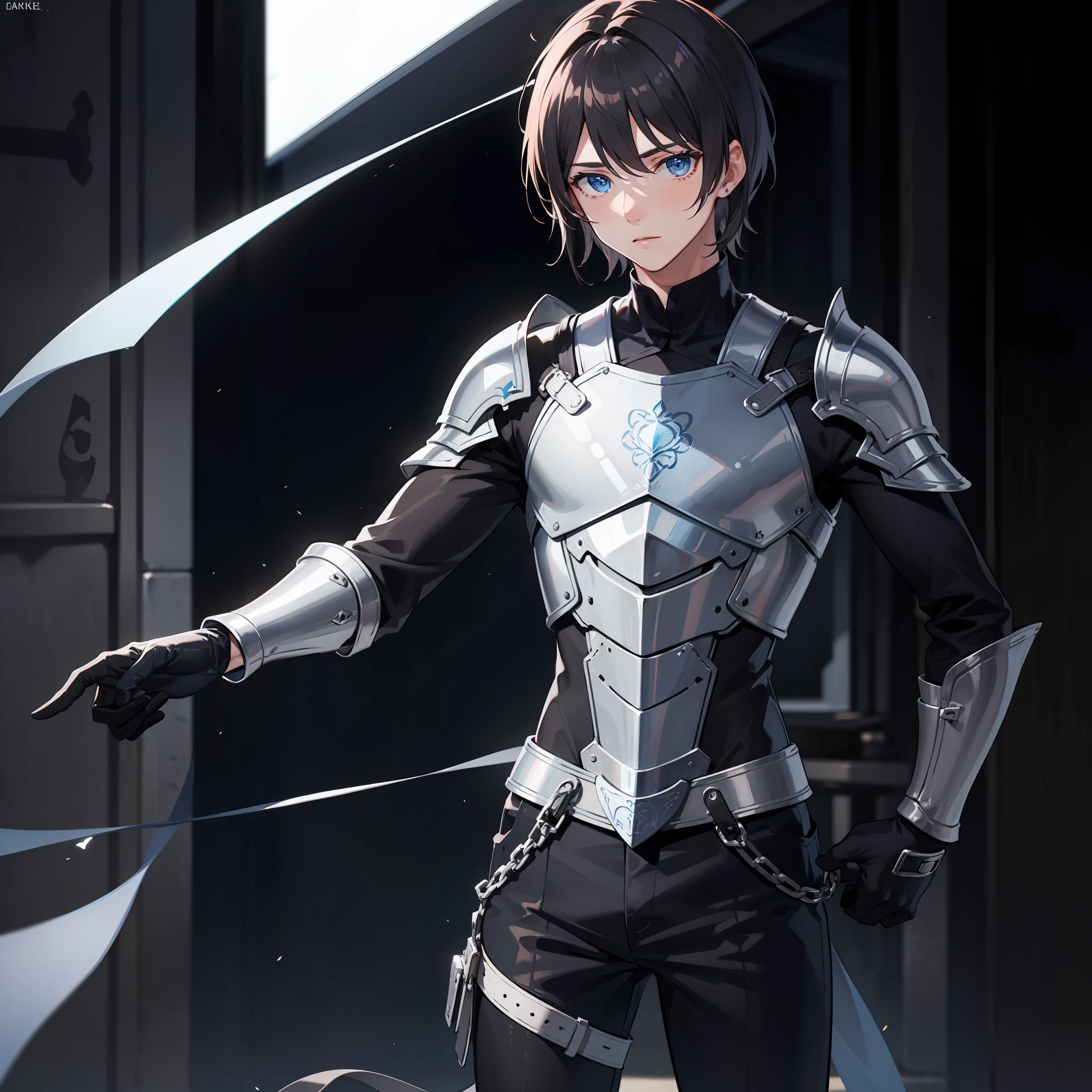 Solo male, dark hair, blue eyes, silver armor, slim, silver gloves, black pants