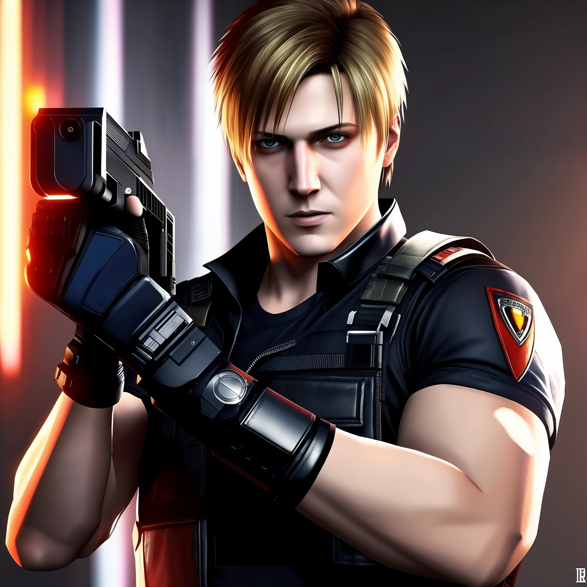 **realistic selfie of Leon S Kennedy from residen evil, smiling, with pistols (fast)