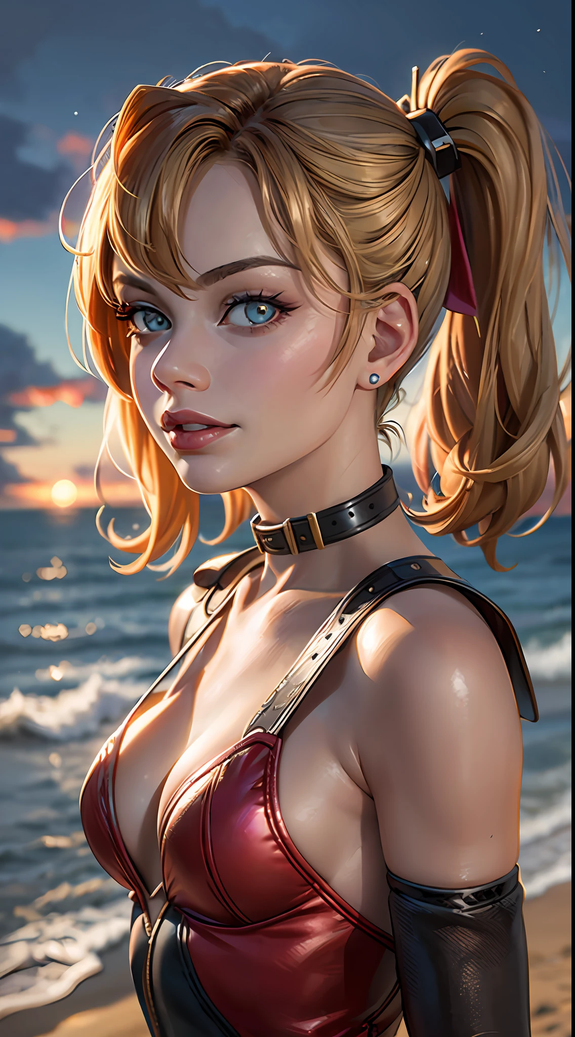 margot robbie as a gorgeous Harley Quinn standing on sand wind in the hair