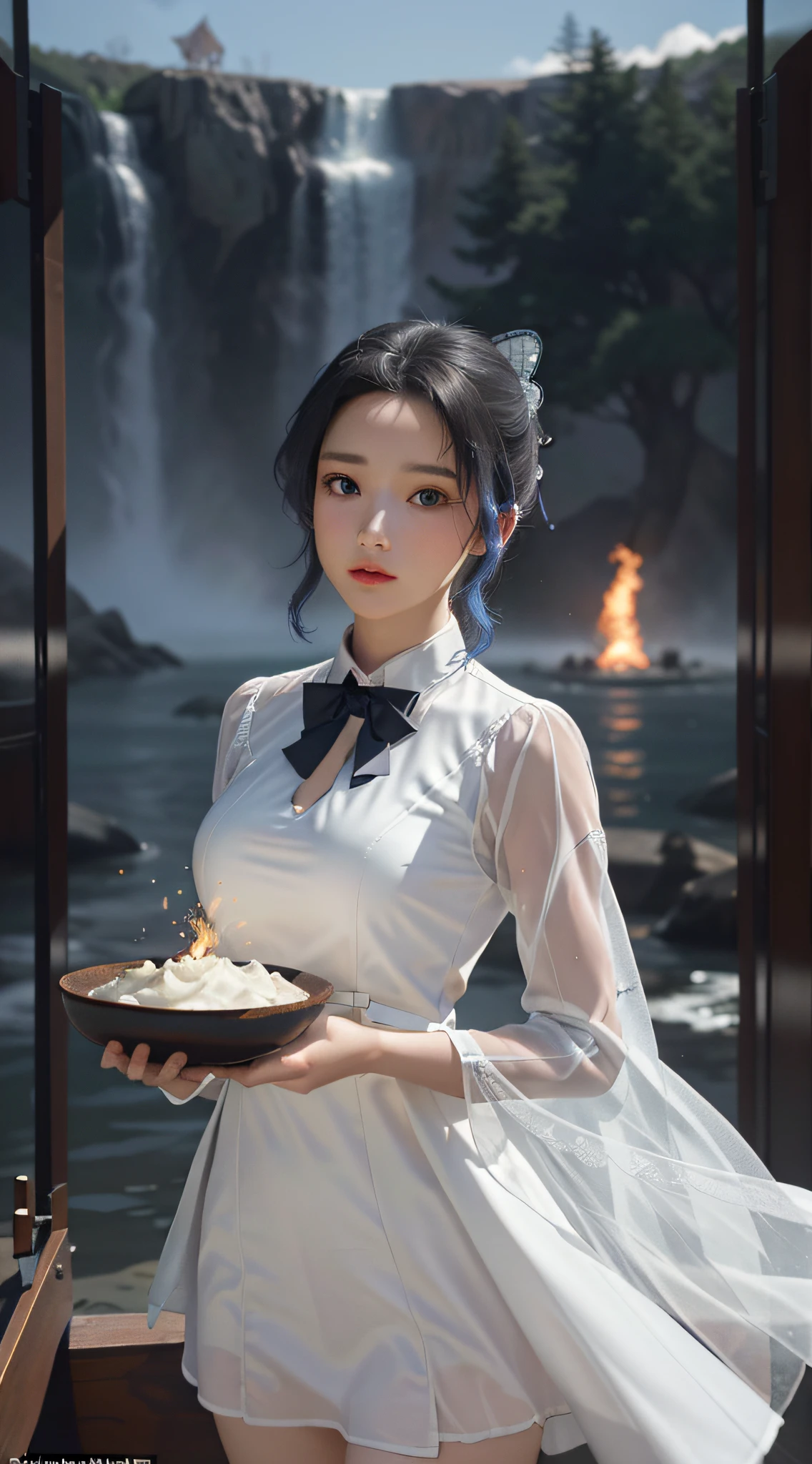 masterpiece, exquisite, illustration, {beautiful and meticulous girl}, beautiful and detailed halo, (fire of war: 1.2), (nuclear explosion behind: 1.3), rain, detailed lighting, detail water, (beautiful and detailed eyes: 1.1), expressionless, palace, sky blue hair, scattered hair, long bangs, eyebrows, (white-gray dress: 1.1), black ribbon, white bow tie, upper abdomen, big forehead, dull, flower, long sleeves