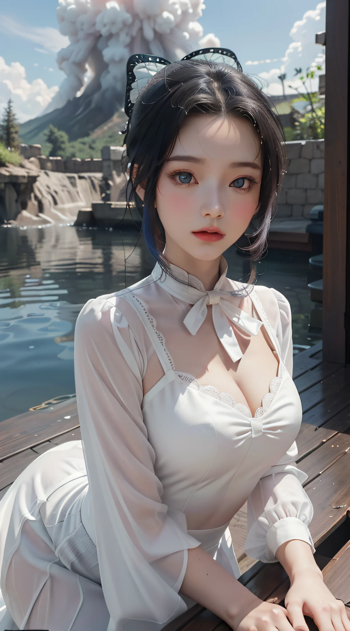 masterpiece, exquisite, illustration, {beautiful and meticulous girl}, beautiful and detailed halo, (fire of war: 1.2), (nuclear explosion behind: 1.3), rain, detailed lighting, detail water, (beautiful and detailed eyes: 1.1), expressionless, palace, sky blue hair, scattered hair, long bangs, eyebrows, (white-gray dress: 1.1), black ribbon, white bow tie, upper abdomen, big forehead, dull, flower, long sleeves