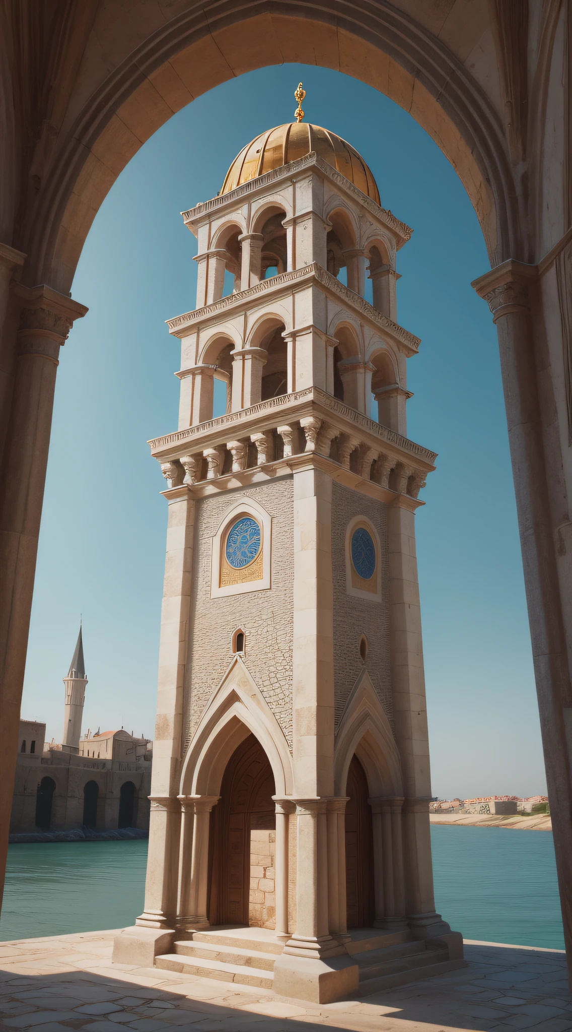 Cinematic, photo, a medium shot of a beautiful mediterranean byzantine romanesque watchtower in a medieval coastal city designed by John Howe, near the eastuary of a big river, grey granite, slender, dome, filigree, open sky, elegant elaborate complex architecture, medieval architecture, medieval design, photographed with Canon EOS 5D Mark IV, monument, sense of wonder, extremely detailed, realistic textures, artistic