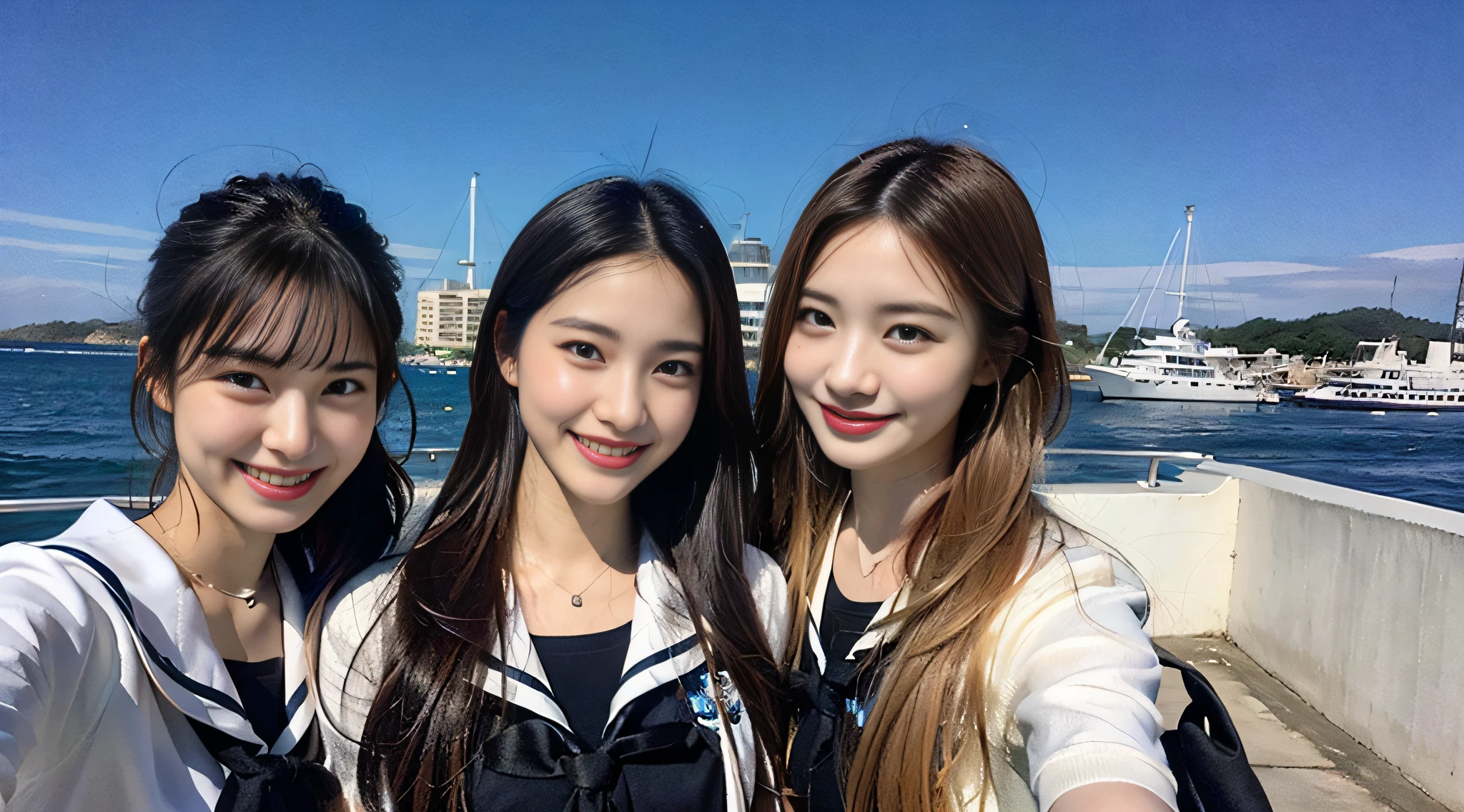(8K、Raw photography、top-quality、masterpiece:1.2)、ultra-detailliert、ultra res、(hyper realisitic:1.4)(I enjoy fishing out to sea by boat)Above the sea、High school girl with fishing rod、Fishing、fishing rod、Full of heart、Heart pattern(Fantastic lighting)head to waist、、de pele branca、Fair-skinned female proofreading、An ultra-high picture quality、、Beautiful female proofreading reflecting in light、amazing detailed、Beautiful girls in very detailed、Faces with different patterns、Different face patterns、Each hairstyle has its own characteristics、Farbe々Hairstyle、Farbe々Hair color shining with clean light、I enjoy fishing on a boat、Brown hair shining in the light、One has a ponytail、、Modern cute high school girl、very detailed faces very detailed eyes、Very realistic skin、 extremely detailed fingers, highly detailed nose, highly detail mouth, perfect anatomia, Highly detailed sailor suit、、The details of their hair and uniforms shine through、Burning teeth and smiling、Realistic body, de pele branca, glistning skin, Slim body, Long straight hair, (Blunt bangs:1.2), , nixeu and sakimichan, TWICE, Seifuku, sakimichan, JK Uniform, wearing japanese school uniform, promo still, Larisa Manobal, Japan school uniform, japanese girl school uniform, alena aenami and lilia alvarado