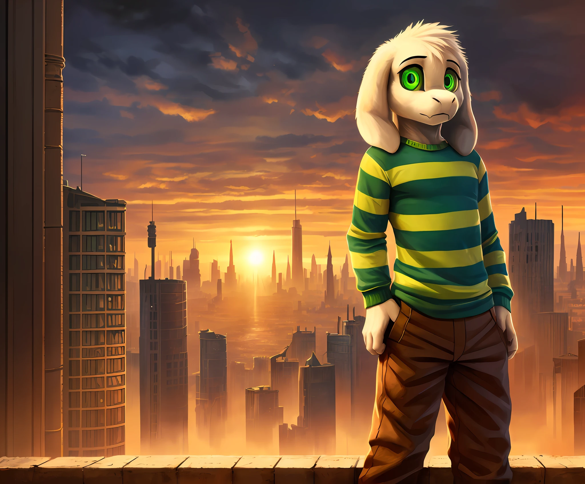 1boy,(( )),, pants, solo, kid, teen, standing, heroic, backlit, artistic composition, rooftop, a fantasy steampunk city, deep colour's, concept art, stylized, unreal engine 5, trending on art station, dynamic pose, bitter, , cynical, great composition, adorable, (green-yellow striped shirt, brown pants), (best quality, ultra-detailed, best illustration, masterpiece, high res, professional artwork, famous artwork), realistic paint, (insane detailed eyes, green shine eyes), white fur, detailed realistic painting, male, detailed white fur, asriel, portrait, detailed hands, shaded, four fingers, insane details, looking forward, cartoon, cute