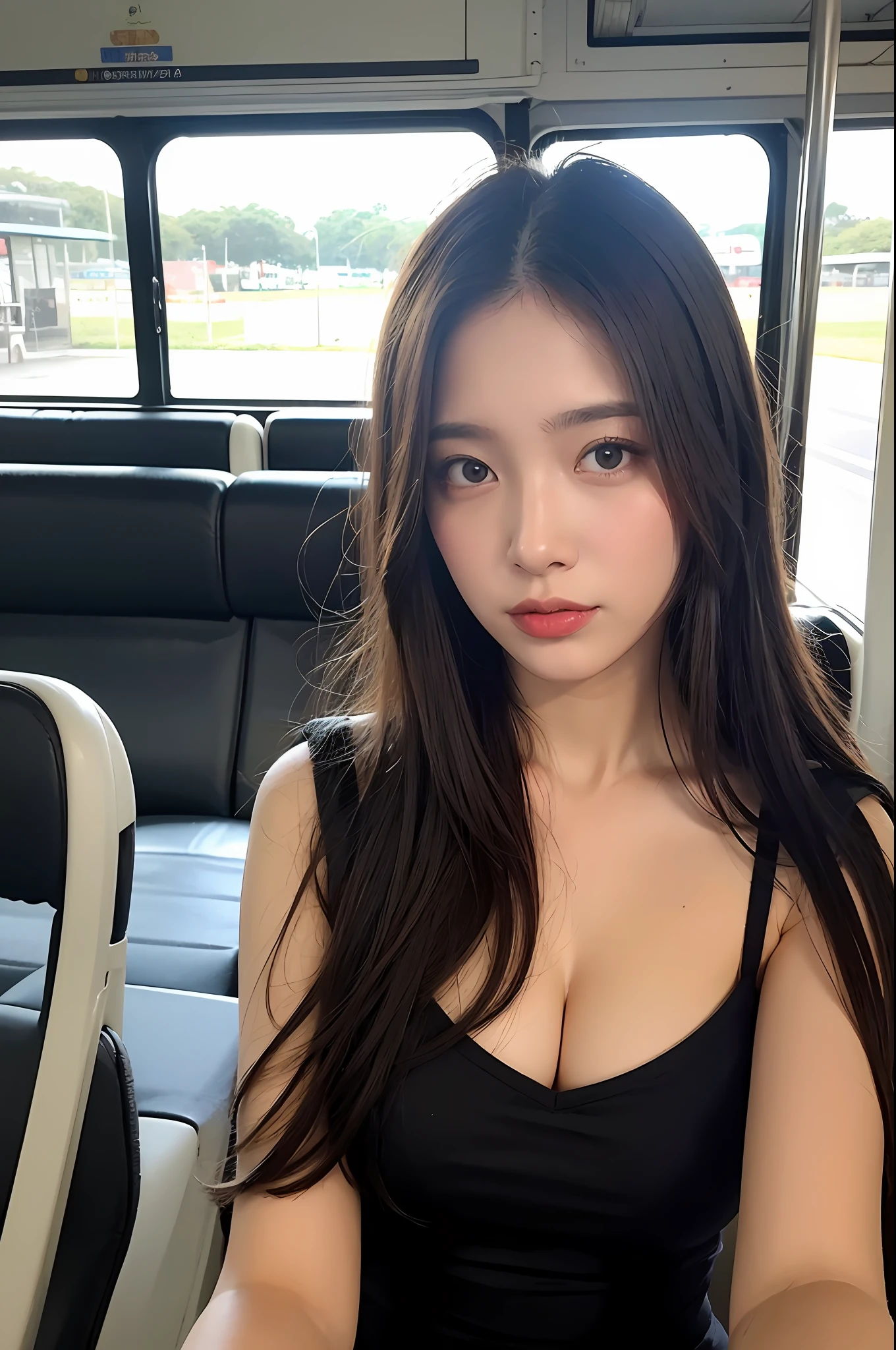 (corpo altamente detalhado, rosto altamente detalhado, melhor qualidade: 1.2), uma mulher, olhar para o espectador, ( Bus 1.4) Woman on bus, elegante, corpo detalhado, luz dourada, atarde,