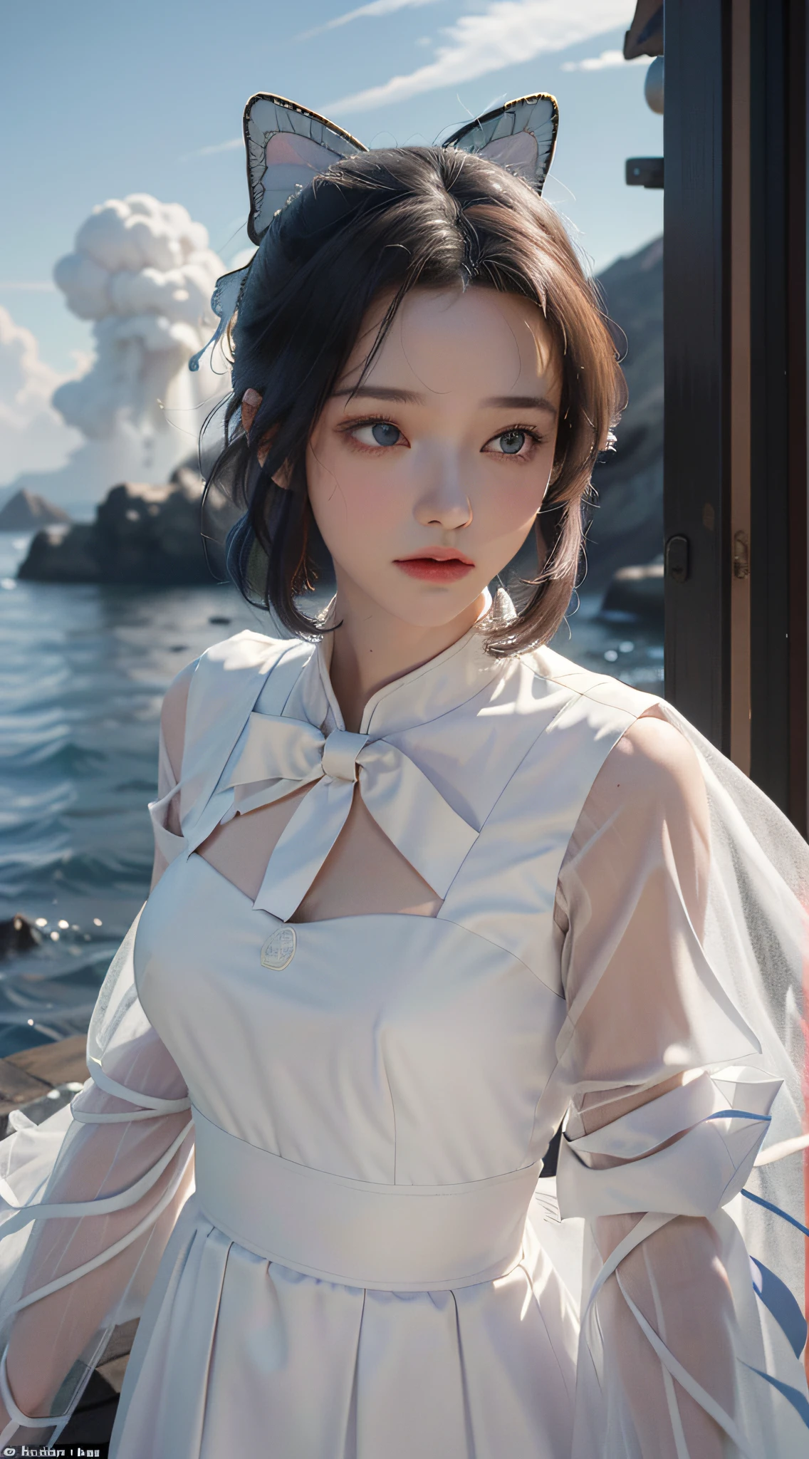 masterpiece, exquisite, illustration, {beautiful and meticulous girl}, beautiful and detailed halo, (fire of war: 1.2), (nuclear explosion behind: 1.3), rain, detailed lighting, detail water, (beautiful and detailed eyes: 1.1), expressionless, palace, sky blue hair, scattered hair, long bangs, eyebrows, (white-gray dress: 1.1), black ribbon, white bow tie, upper abdomen, big forehead, dull, flower, long sleeves