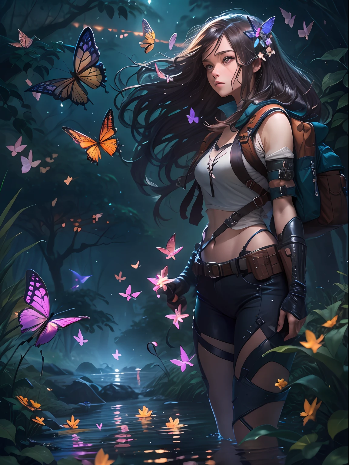 （（best qualtiy））， （（tmasterpiece））， （A detailed：1.4），Enhanced dynamic perspective，jungles，nighttime scene，starrysky，（darkly：1.4），（（The old adventurer stands in front of a supergiant butterfly，Butterflies spread their huge wings and sparkle in the moonlight，A starry stream flowed in front of him）），Crocodiles float on the water，（Adventurer backpack），（weeds），florals，（（（adventurer clothing））），super-fine，Works of masters，high qulity，8K分辨率，depth of fields，电影灯光，Epic shooting，high qulity，super-fine，Detailed pubic hair，Accurate，Cinematic lighting，