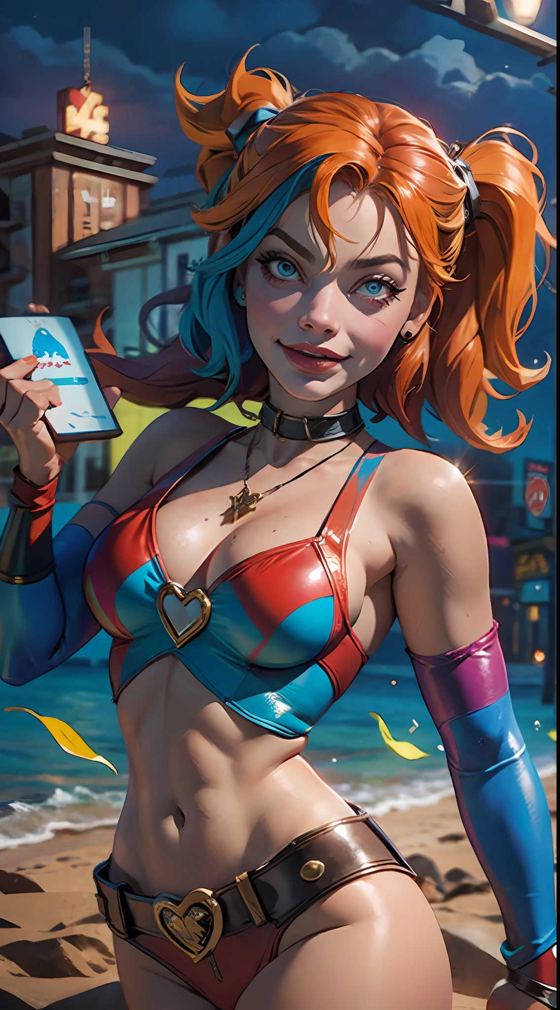margot robbie as a gorgeous Harley Quinn standing on sand wind in the hair