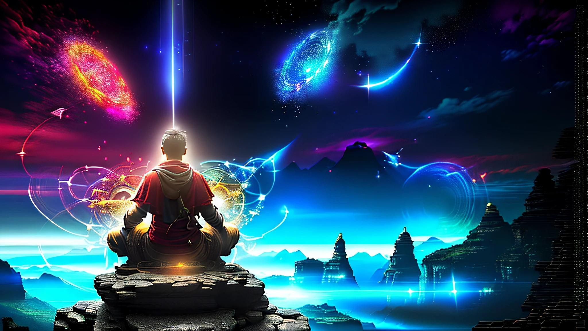 a man sitting on a rock with the words it works like magic, como matriz, glory be to the magic within, simplesmente alucinante, enlightenment tripping on dmt, wizarding world, cant believe it is real, Reino DMT, 🚀🚀🚀, like magic the gathering, Mais fundo no metaverso vamos, while tripping on dmt, emanando magia dimensional