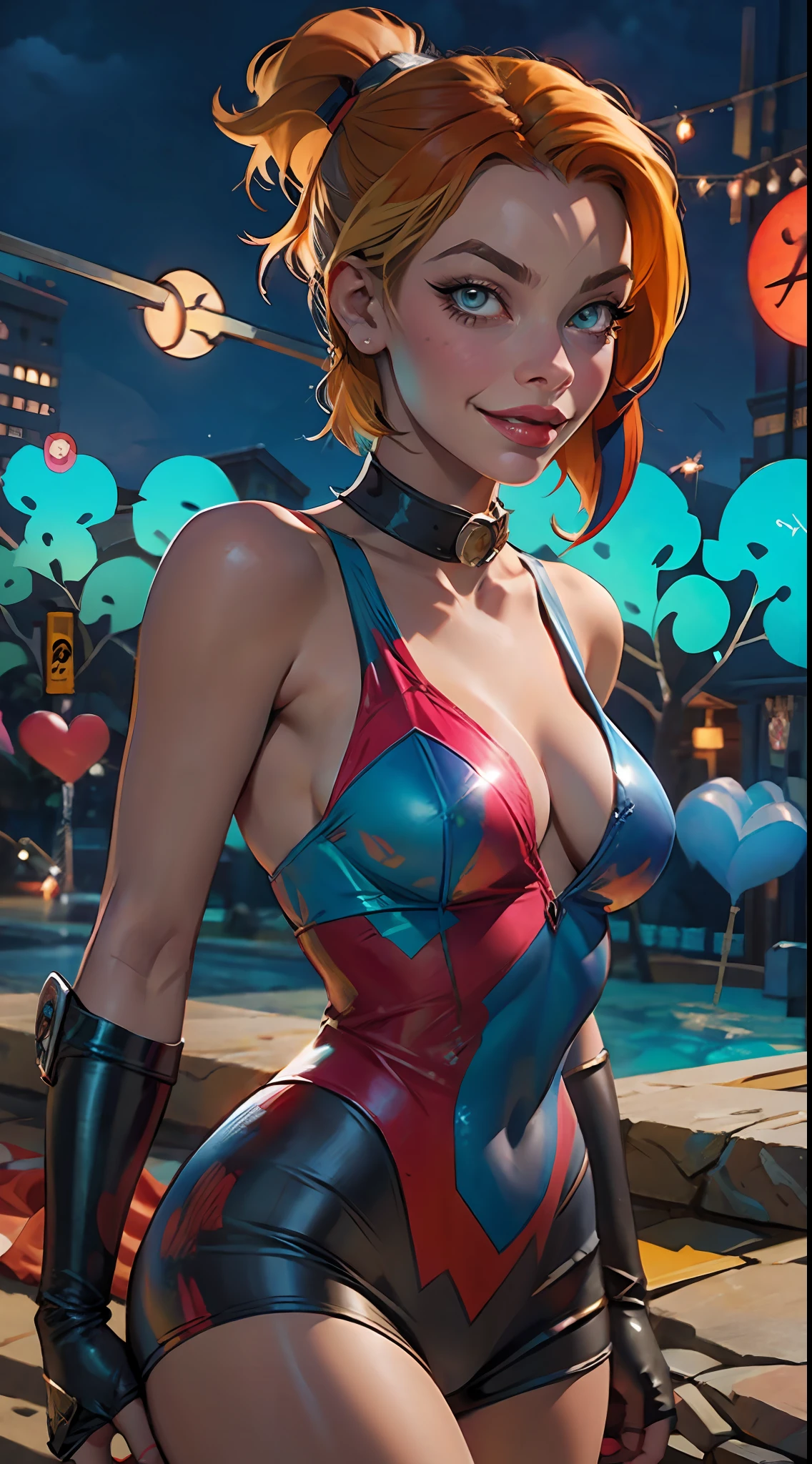 margot robbie as a gorgeous Harley Quinn standing on sand wind in the hair