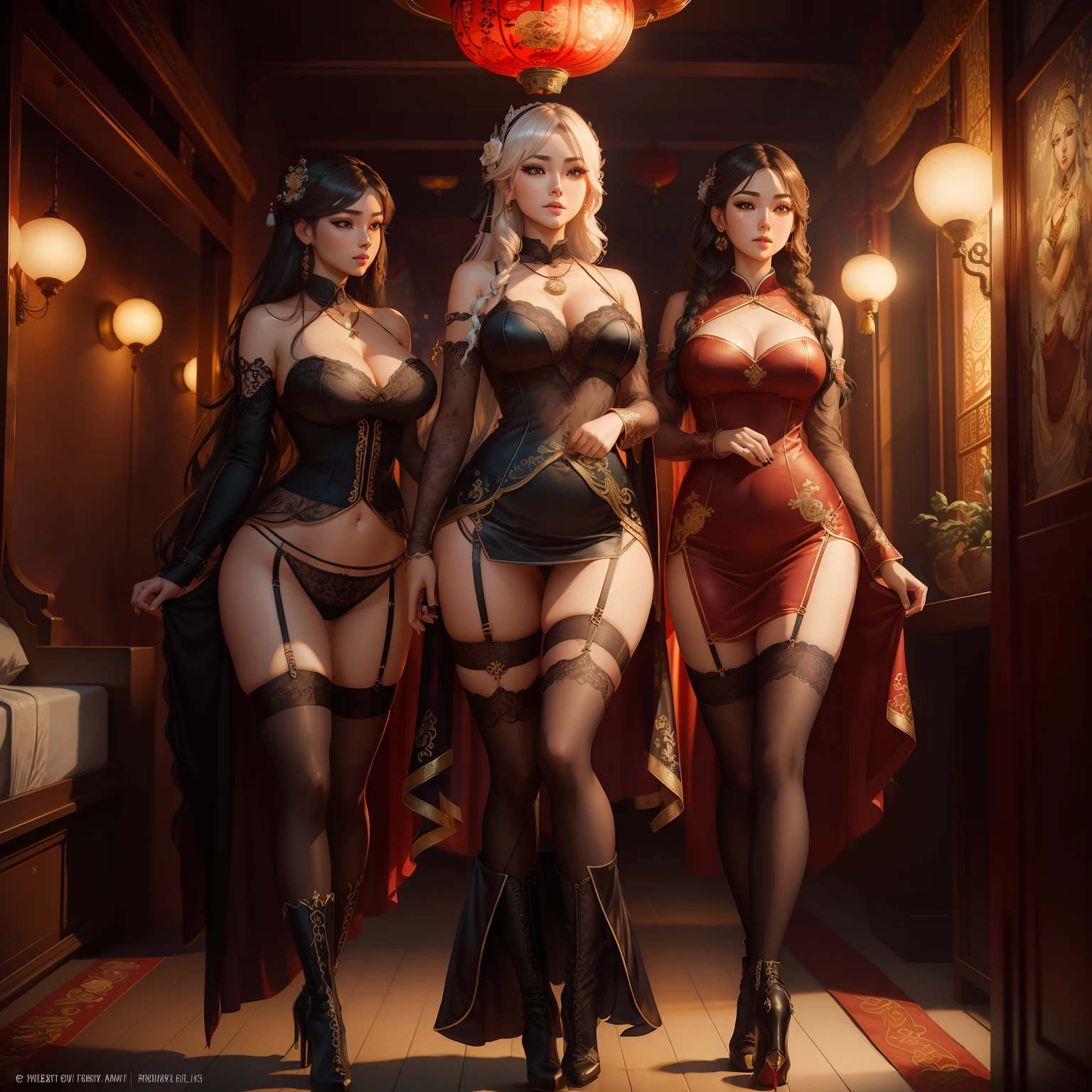 best quality, masterpiece, highres, 4 noble girls, lesbians, touching eachother, seducing, snapping, eighteen forbidden, asian style, hanfu, white and even teeth, irises, full body shot, shot from behind, chinese women's clothing, chinese traditional dress, long dress, wearing a nightgown thin lace deep slit chest, chinese underwear, stockings, wearing stockings, lace stockings, mesh stockings with hooks on underwear, garter belt, lace socks worn at the waist, high heels, high boots, high leather boots, corsait, turtleneck polo lace top, choker, leash, BDSM, chains, chained, long gloves, makeup, eyes with very sharp and detailed makeup, lipstick, very long hair, ponytail, hair ornaments, necklace, jewelry, crown jewelry, Pretty face, magic import style, tyndall effect, photo realistic, dark studio, border light, two tone light, (high detail skin: 1.2), 8k uhd, dslr , soft light, high quality, volumetric light, candid, Photo , high resolution, 4k, 8k, Bokeh, In the Dark: 1.6), surreal full body of women by David Hockney and Alphonse Mucha, fantasy art, photorealism, dynamic lighting, station art, posters, volumetric lighting, highly detailed faces , super 8k, Awarded, in the dark, deep shadow, low light, bust, luxury chambers bedroom background, Royal style family, Best face, Very round and tight breasts, Surreal, guweiz, (full body), (Background detail 1.8), moderately big butt, --auto