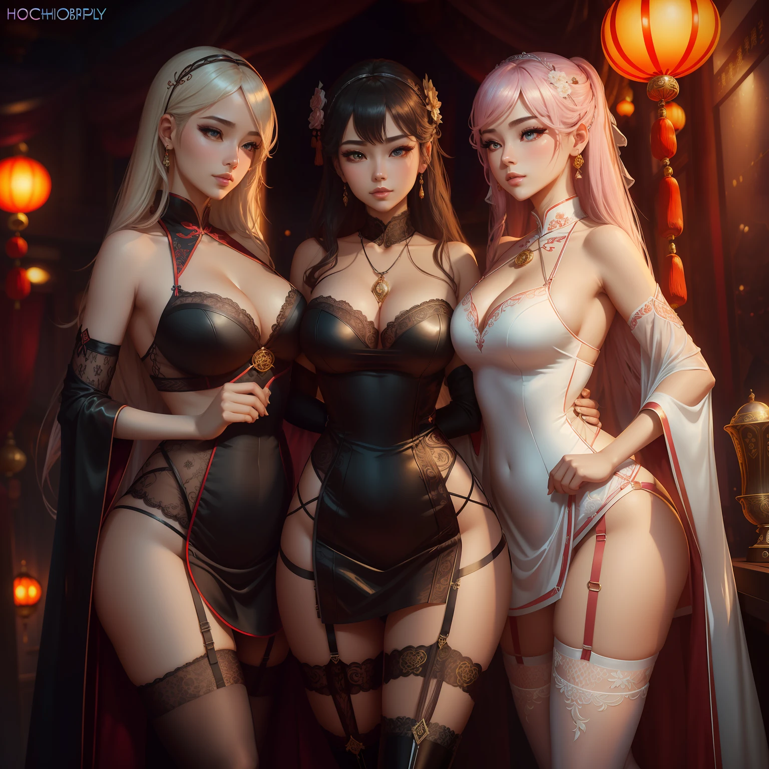 best quality, masterpiece, highres, 4 noble girls, lesbians, touching eachother, seducing, snapping, eighteen forbidden, asian style, hanfu, white and even teeth, irises, full body shot, shot from behind, chinese women's clothing, chinese traditional dress, long dress, wearing a nightgown thin lace deep slit chest, chinese underwear, stockings, wearing stockings, lace stockings, mesh stockings with hooks on underwear, garter belt, lace socks worn at the waist, high heels, high boots, high leather boots, corsait, turtleneck polo lace top, choker, leash, BDSM, chains, chained, long gloves, makeup, eyes with very sharp and detailed makeup, lipstick, very long hair, ponytail, hair ornaments, necklace, jewelry, crown jewelry, Pretty face, magic import style, tyndall effect, photo realistic, dark studio, border light, two tone light, (high detail skin: 1.2), 8k uhd, dslr , soft light, high quality, volumetric light, candid, Photo , high resolution, 4k, 8k, Bokeh, In the Dark: 1.6), surreal full body of women by David Hockney and Alphonse Mucha, fantasy art, photorealism, dynamic lighting, station art, posters, volumetric lighting, highly detailed faces , super 8k, Awarded, in the dark, deep shadow, low light, bust, luxury chambers bedroom background, Royal style family, Best face, Very round and tight breasts, Surreal, guweiz, (full body), (Background detail 1.8), moderately big butt, --auto
