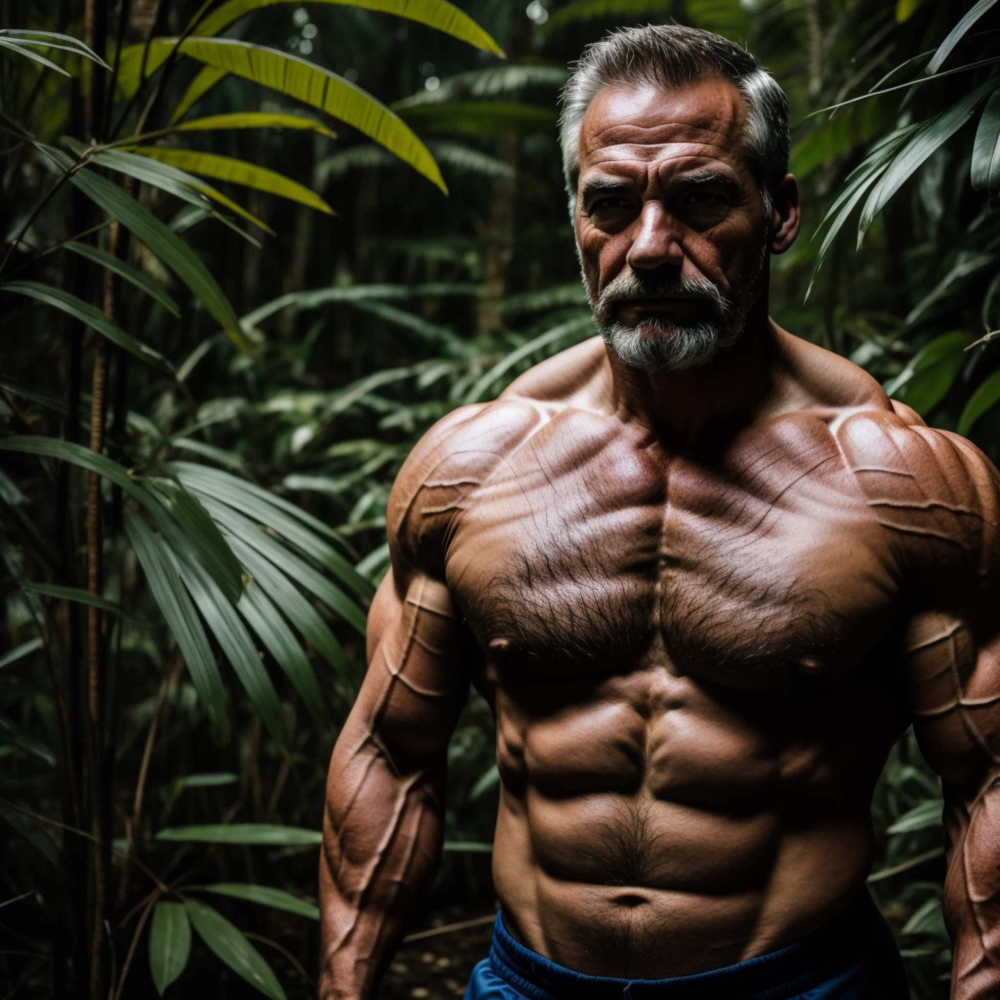(muscular, aged man:1.2), alone in the jungle, intense atmosphere.