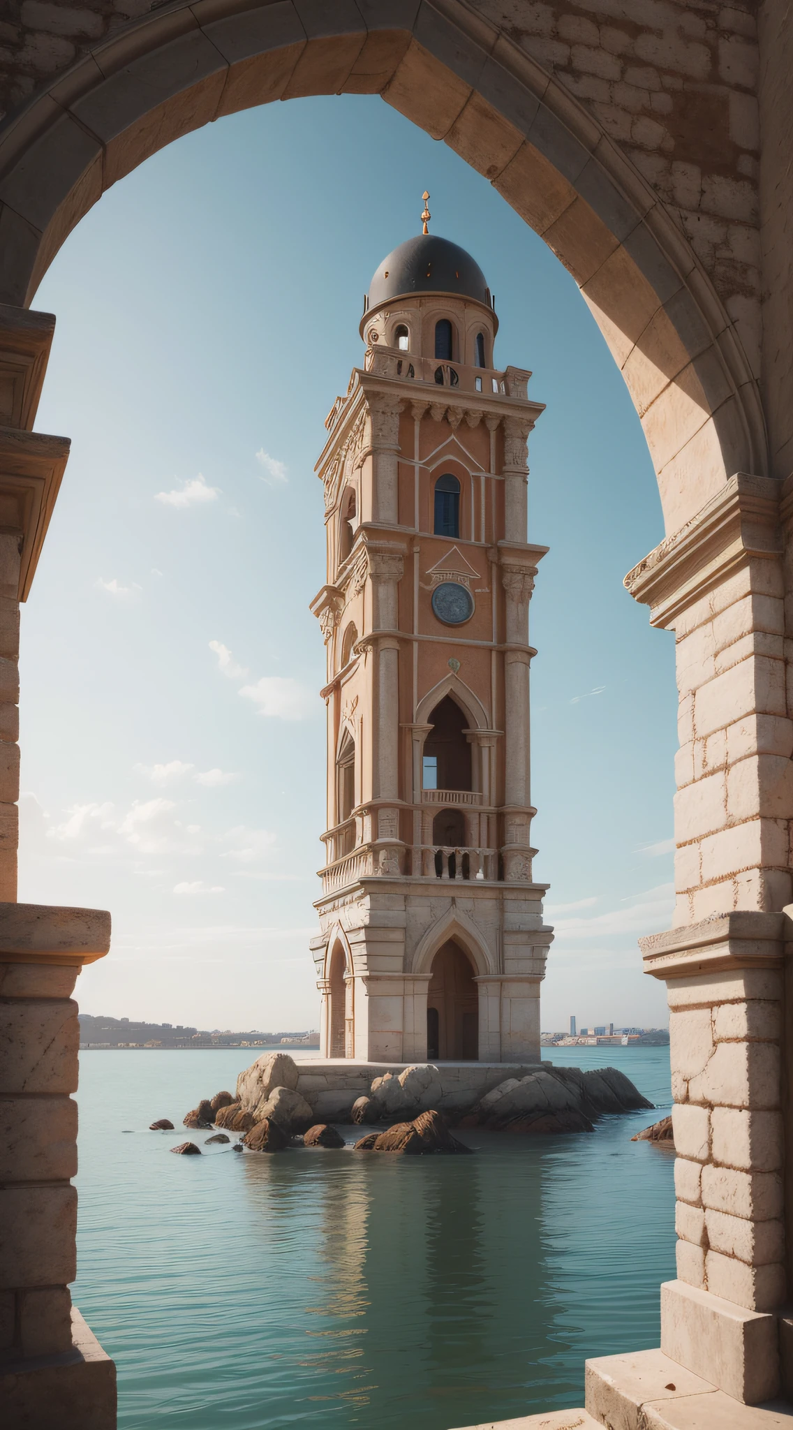 Cinematic, photo, a medium shot of a beautiful mediterranean byzantine romanesque watchtower in a medieval coastal city designed by John Howe, near the eastuary of a big river, grey granite, slender, dome, filigree, open sky, elegant elaborate complex architecture, medieval architecture, medieval design, photographed with Canon EOS 5D Mark IV, monument, sense of wonder, extremely detailed, realistic textures, artistic