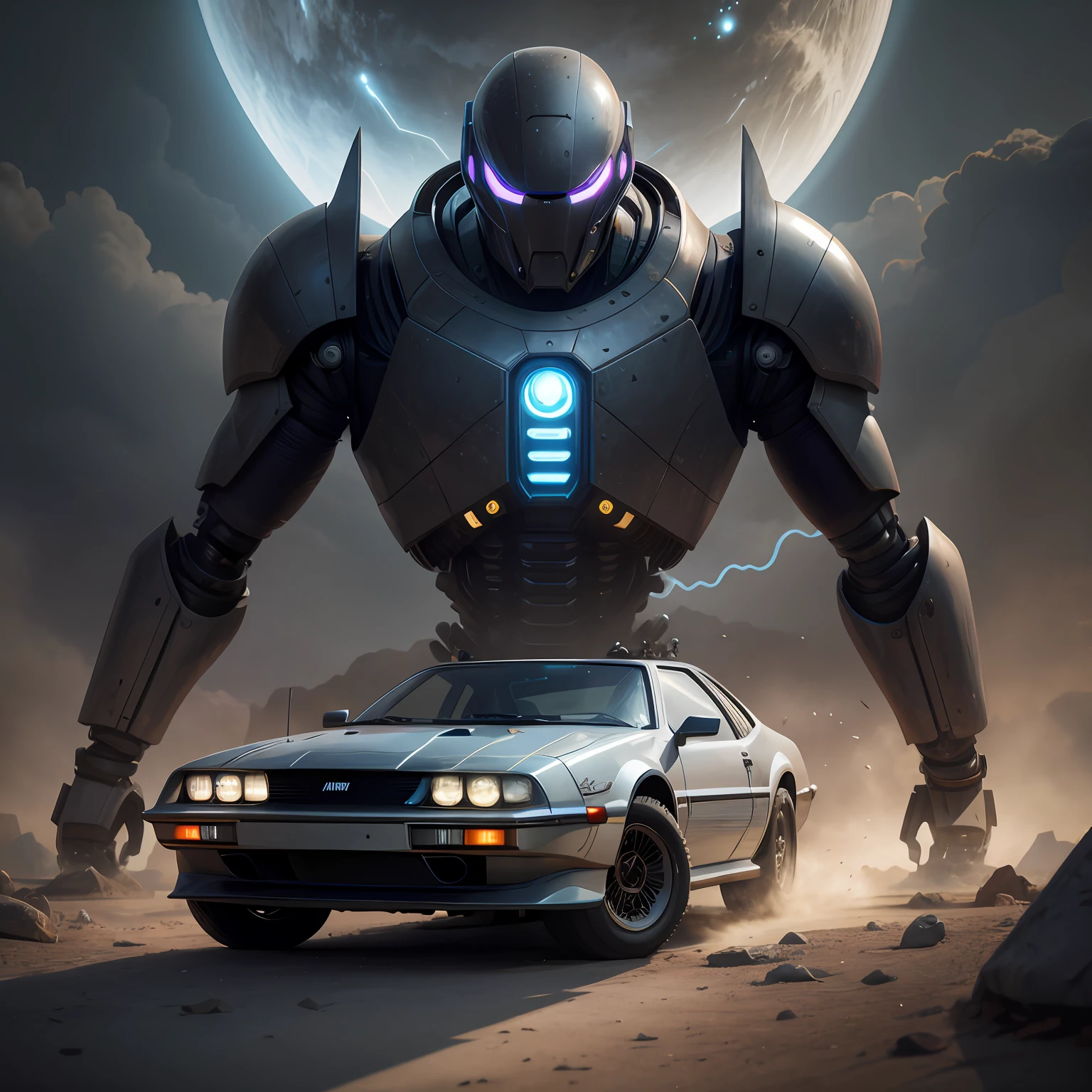 Arafed robot next to a car in front of a giant robot, Artgem e Beeple Masterpiece, Beeple e Tim Hildebrandt, no estilo da arte sci-fi dos anos 80, Dan Mumford. 8K octane rendering, 3 d octano render conceptart, pintura digital retrofuturista, masterpiece epic retrowave art, arte conceitual octane render
