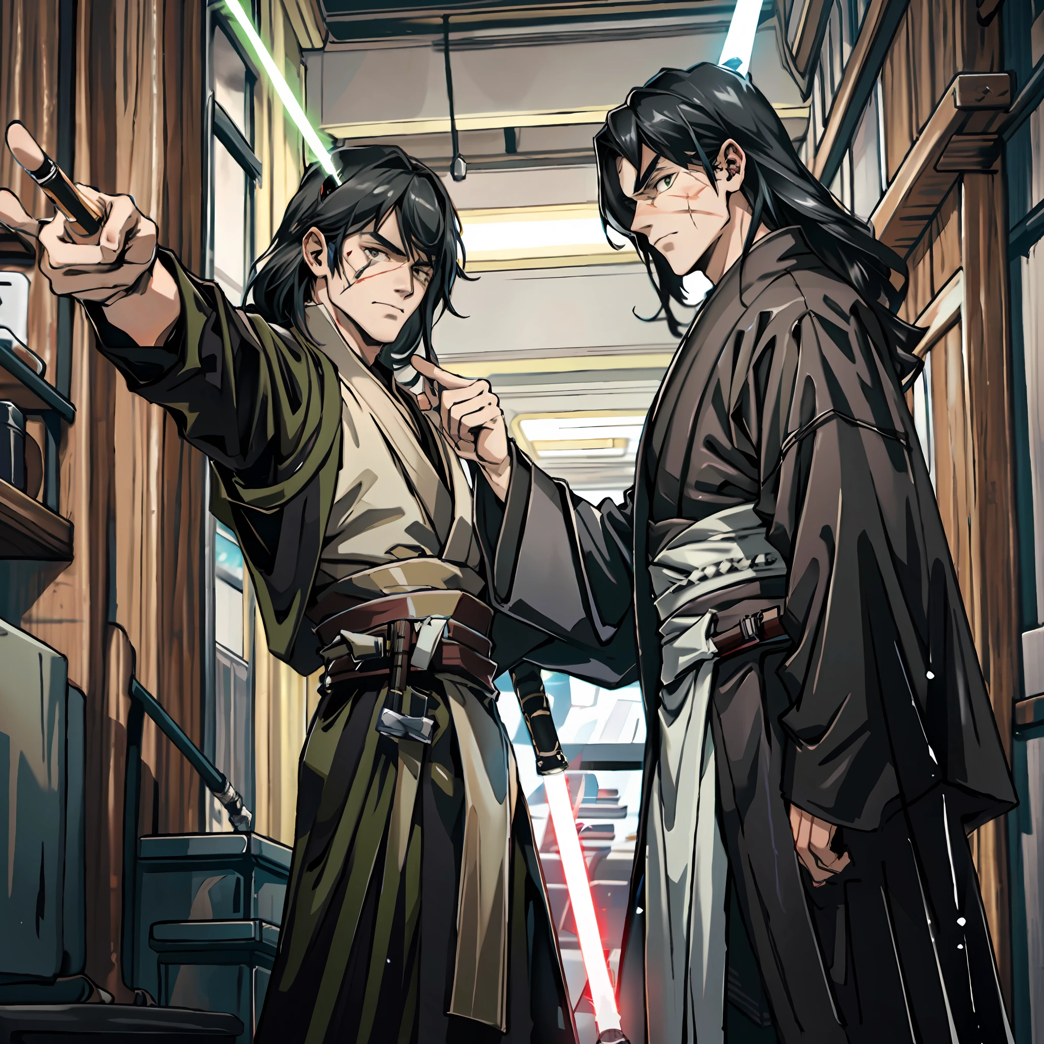 8k, Best quality, masterpiece, 1boy, long black hair, tall, lean, Jedi outfit, dark Jedi outfit, sith, sith outfit, lime green lightsaber, 1human, male, half-lidded expression, bored look, cold stare, looking at viewer, Facial scar, face scar, dark background, low exposure, in jedioutfit, holding lightsaber, pointing lightsaber, holding saber,