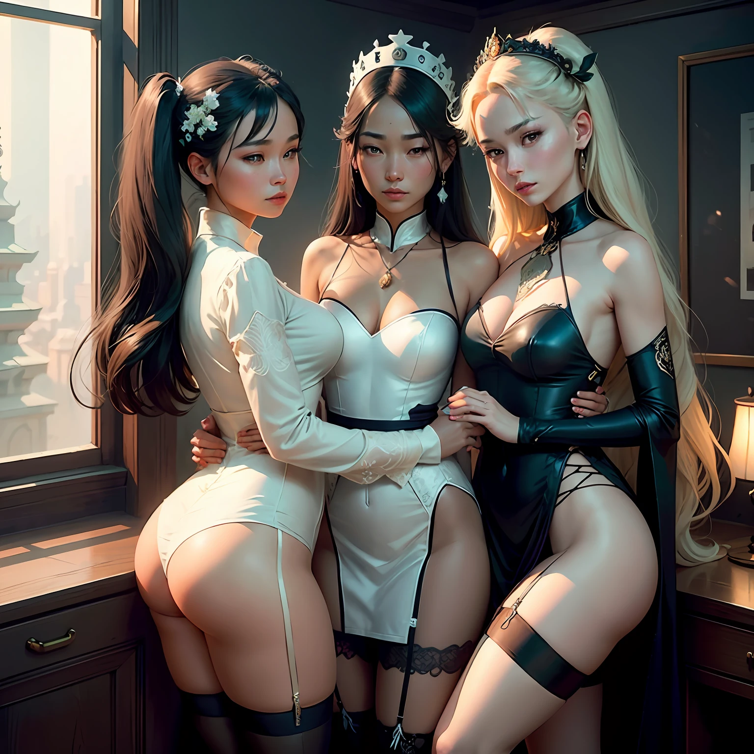 best quality, masterpiece, highres, 4 noble girls, lesbians, touching eachother, seducing, snapping, eighteen forbidden, asian style, hanfu, white and even teeth, irises, full body shot, shot from behind, chinese women's clothing, chinese traditional dress, long dress, wearing a nightgown thin lace deep slit chest, chinese underwear, stockings, wearing stockings, lace stockings, mesh stockings with hooks on underwear, garter belt, lace socks worn at the waist, high heels, high boots, high leather boots, corsait, turtleneck polo lace top, choker, leash, BDSM, chains, chained, long gloves, makeup, eyes with very sharp and detailed makeup, lipstick, very long hair, ponytail, hair ornaments, necklace, jewelry, crown jewelry, Pretty face, magic import style, tyndall effect, photo realistic, dark studio, border light, two tone light, (high detail skin: 1.2), 8k uhd, dslr , soft light, high quality, volumetric light, candid, Photo , high resolution, 4k, 8k, Bokeh, In the Dark: 1.6), surreal full body of women by David Hockney and Alphonse Mucha, fantasy art, photorealism, dynamic lighting, station art, posters, volumetric lighting, highly detailed faces , super 8k, Awarded, in the dark, deep shadow, low light, bust, luxury chambers bedroom background, Royal style family, Best face, Very round and tight breasts, Surreal, guweiz, (full body), (Background detail 1.8), moderately big butt, --auto