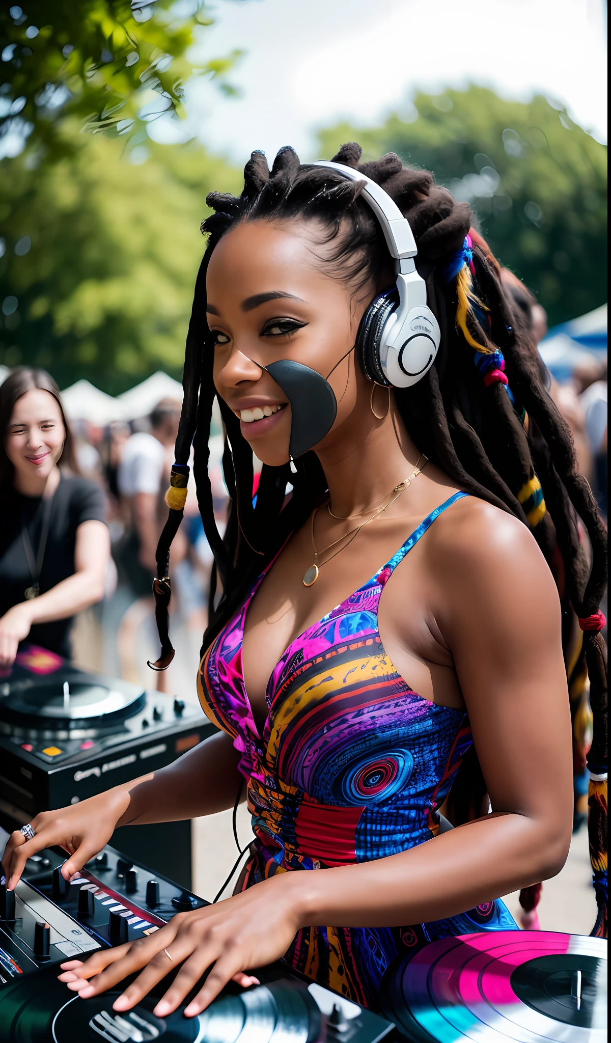 award winning photography, a female dj plays on the vinyl records on the dj set with two turntables, headphones on her head, playing on vinyl records, (((dancing dynamically))), a full body portrait of a beautiful afro american 25 y.o. woman, (Kira Noir), ((her extra long rasta hair swirling around her)), blowing in the wind, smiling, big eyelashes, happy face, detailed facial features, rule of thirds, realistic eyes, ((vibing to music)), gorgeous lady, ((deep cleavaged dress with colorful psychedelic patterns on it)), slim body, medium breasts, abstract tatoos, bright glorious summer sunshine, in the background music festival with dancing people, RAW photograph, (masterpiece), ((photorealistic)), ((hyperrealistic)), (skin pores), highly detailed, film grain, sharp focus, crystal clear, ((stunningly beautiful)), extremely detailed, high detailed skin, cinematic lighting, wide angle, amazing fine detail, rich colors, lifelike texture, dramatic lighting, dynamic composition, photographed using ((Canon EF 110mm f/1.2L USM Lens)), ((film grain, skin details, (high detaile