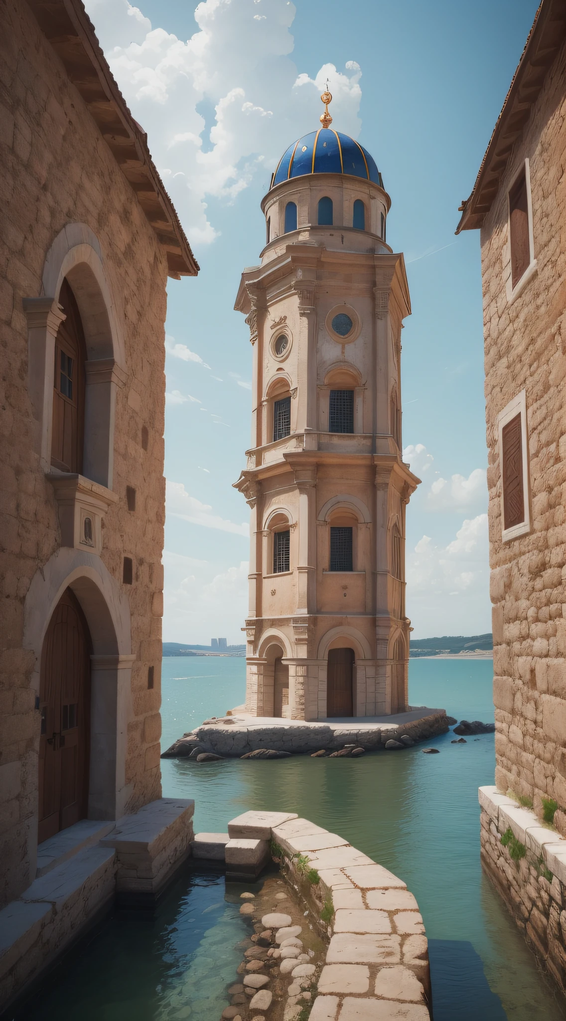 Cinematic, photo, a medium shot of a beautiful mediterranean byzantine romanesque watchtower in a medieval coastal city designed by John Howe, near the eastuary of a big river, grey granite, very tall, imposing, slender, dome, filigree, open sky, elegant elaborate complex architecture, medieval architecture, medieval design, photographed with Canon EOS 5D Mark IV, monument, sense of wonder, extremely detailed, realistic textures, artistic