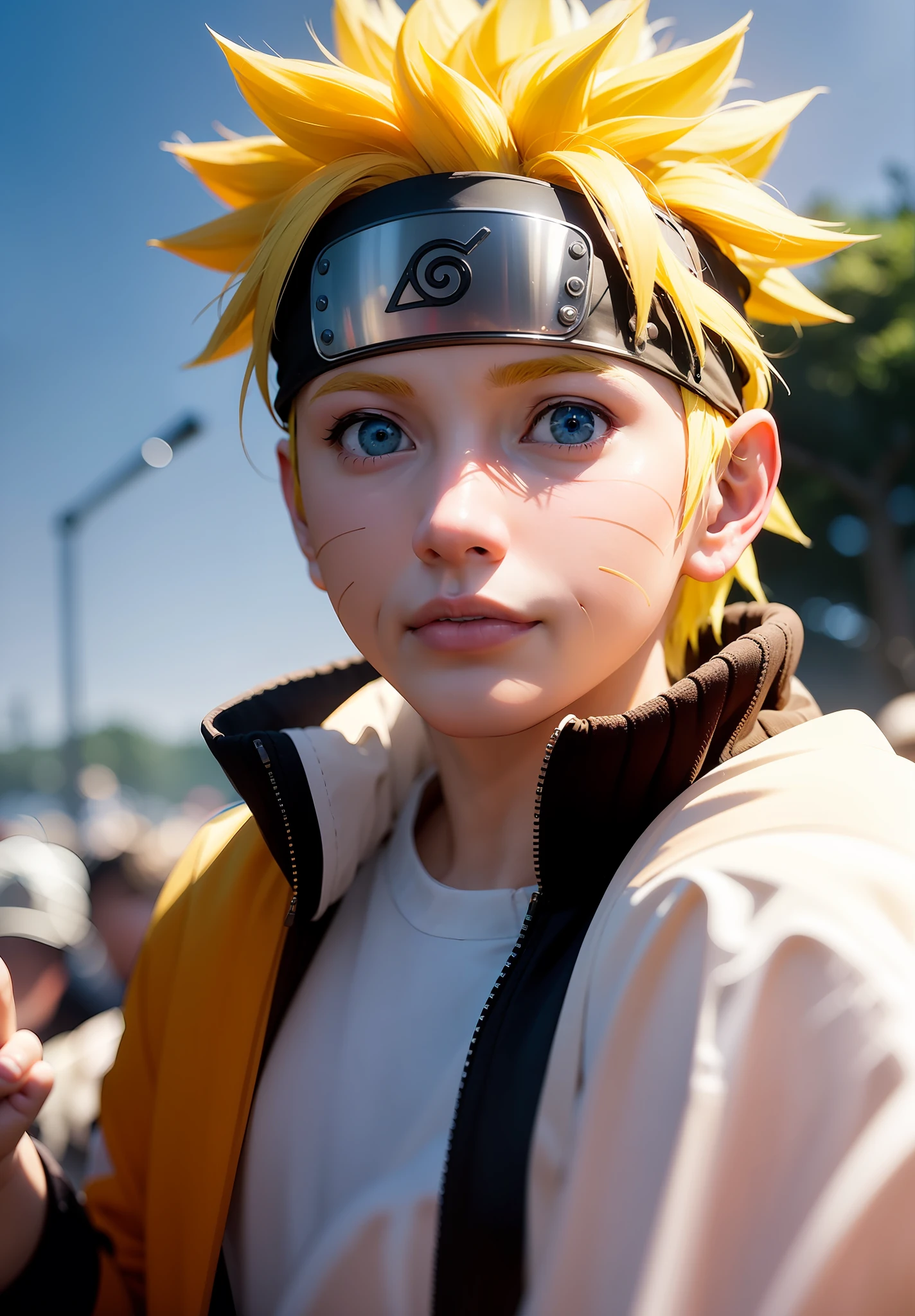 uzumaki naruto, 1boy,  masterpiece, best quality,upper body,portrait, looking at viewer,close up,  white shirt, sunshine, novel illustration,blurry foreground,