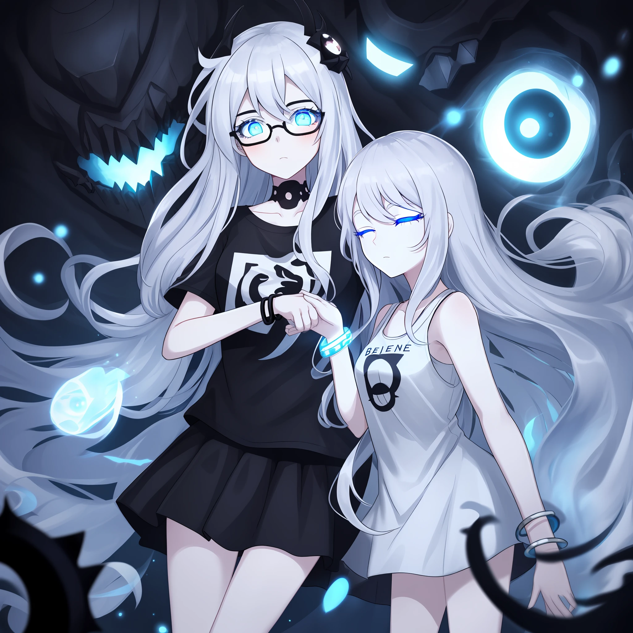 Black and white T-shirt,a skirt,Bracelet,black hair ornament,Silver blue hair,Blushlush,Semi-closed Eyes,Glowing blue eyes,abyssal,Long flowing hair,Bangs and eyes,eye glass