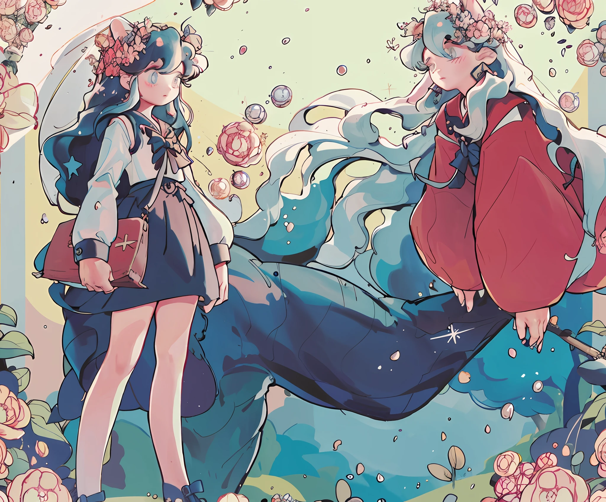 bird, petals, sky, cherry blossoms, sailor collar, hair flower, blue sky, bow, tree, cute, stars, clouds, (golden fishes, Pisces), masterpiece, best quality, masterpiece, best quality, cute, under tall trees, forest flowers, stars, tall trees, streams of light, bird, petals, sky, cherry blossoms, sailor collar, hair flower, blue sky, bow, tree, cute, stars, clouds, (golden fishes, Pisces), masterpiece, best quality, masterpiece, best quality, cute, under tall trees, forest flowers, stars, tall trees, streams of light, Kagome and InuYasha