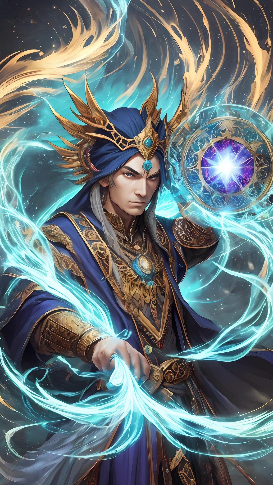 Create an image of a mighty mage with extraordinary powers. This mystical sorcerer possesses ancient knowledge and wields the forces of nature and magic at their command. Visualize the mage in a majestic robe adorned with mystical symbols, surrounded by swirling elemental energies. Use captivating colors to portray the aura of power and wisdom that emanates from this formidable mage, k4 realistic. --auto --s2