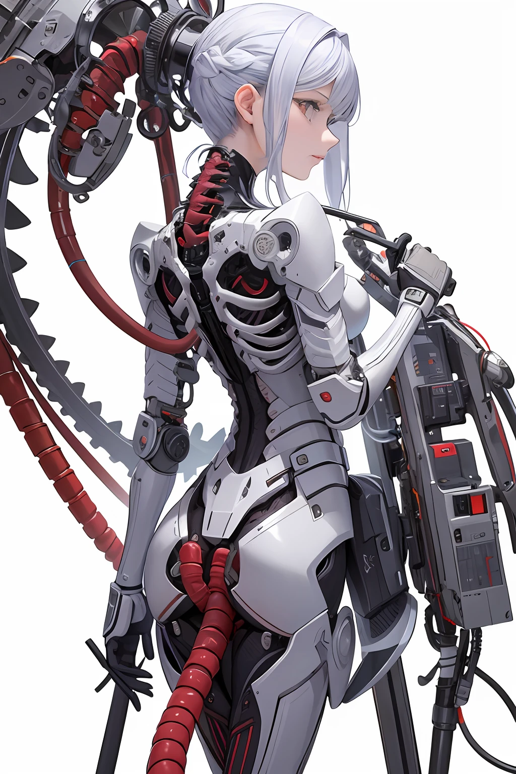 (tmasterpiece,top Quority,best qualtiy,offcial art,Beauty and aesthetics:1.2),(1girll:1.3),Extremely detailed,plethora of colors,Most detailed((ultra - detailed)),(highly detailed CGillustration),((Very fine and beautiful),(From the side Side),cinematic lighitnglamplight,((1 mechanical girl)),solo person,full bodyesbian,(Machine-made joints:1.2),((Mechanical limb)),(Blood vessel attached to tube), (Mechanical vertebrae are attached to the back),((The mechanical cervical vertebrae are attached to the neck)),(sitted),face expressionless,(Wires and cables are attached to the neck:1.2),(Wires and cables on the head:1.2)(Character focus),Science fiction,White background,Full body like(bloods:1.5)
