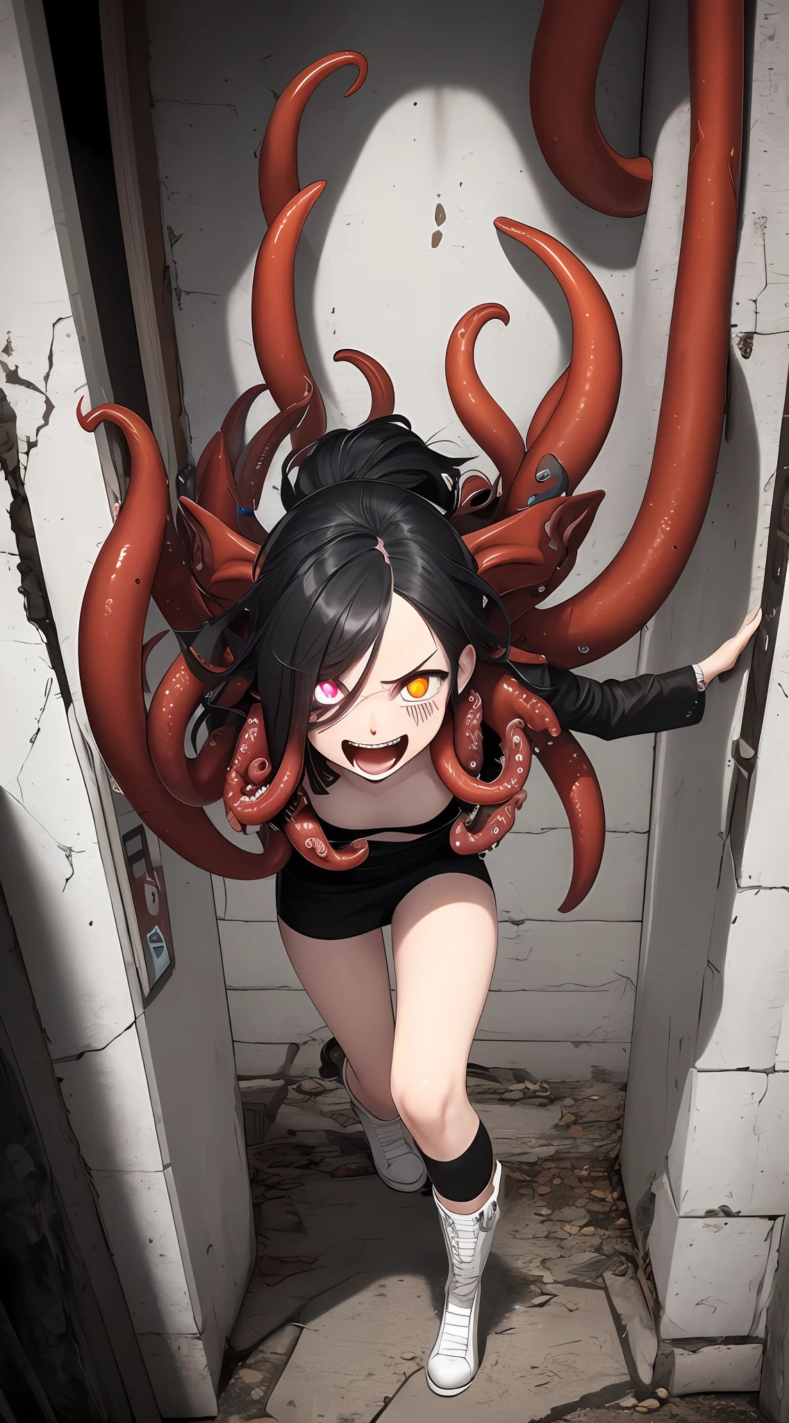 tmasterpiece，Cthulhu style，Beautiful girl stepping on bones under her feet，Showing a crazy expression，Evil laughter，Red gradient to black hair color，The chest cavity is shattered to reveal the heart，Pure white eyes，Pure white pupils，Wrapped around tentacles and eyes，fearsome，Weird，Black and white room，The walls were broken，Tentacles into the，chaos，Out of order，8K --auto