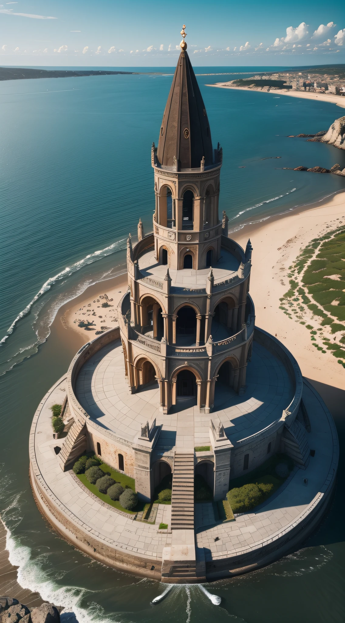 Cinematic, photo, an aerial shot of a beautiful mediterranean byzantine romanesque watchtower in a medieval coastal city designed by John Howe, overlooking the eastuary of a big river, grey granite, very tall, imposing, slender, dome, filigree, open sky, elegant elaborate complex architecture, medieval architecture, medieval design, photographed with Canon EOS 5D Mark IV, monument, sense of wonder, extremely detailed, realistic textures, artistic