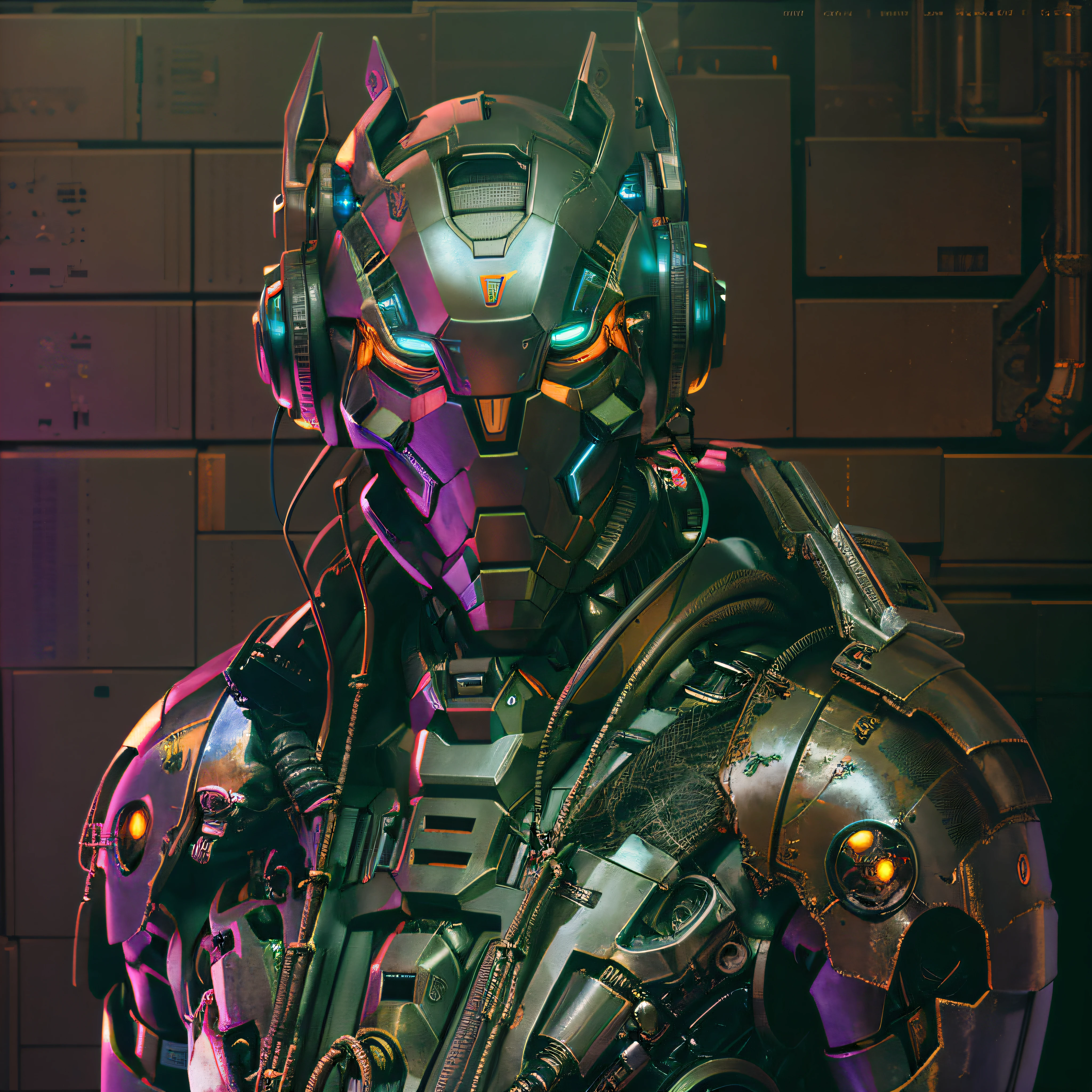 Arafeld robot wearing headphones and a glowing suit in the room, portrait of a futuristic robot, cybernetic and highly detailed, detailed portrait of a cyborg, with futuristic gear and helmet, close-up portrait of cyborg, cyberpunk iron man, cybernetic cyborg warrior, Portrait of a cyberpunk machine, portrait of a mech, portrait of a cyberpunk cyborg